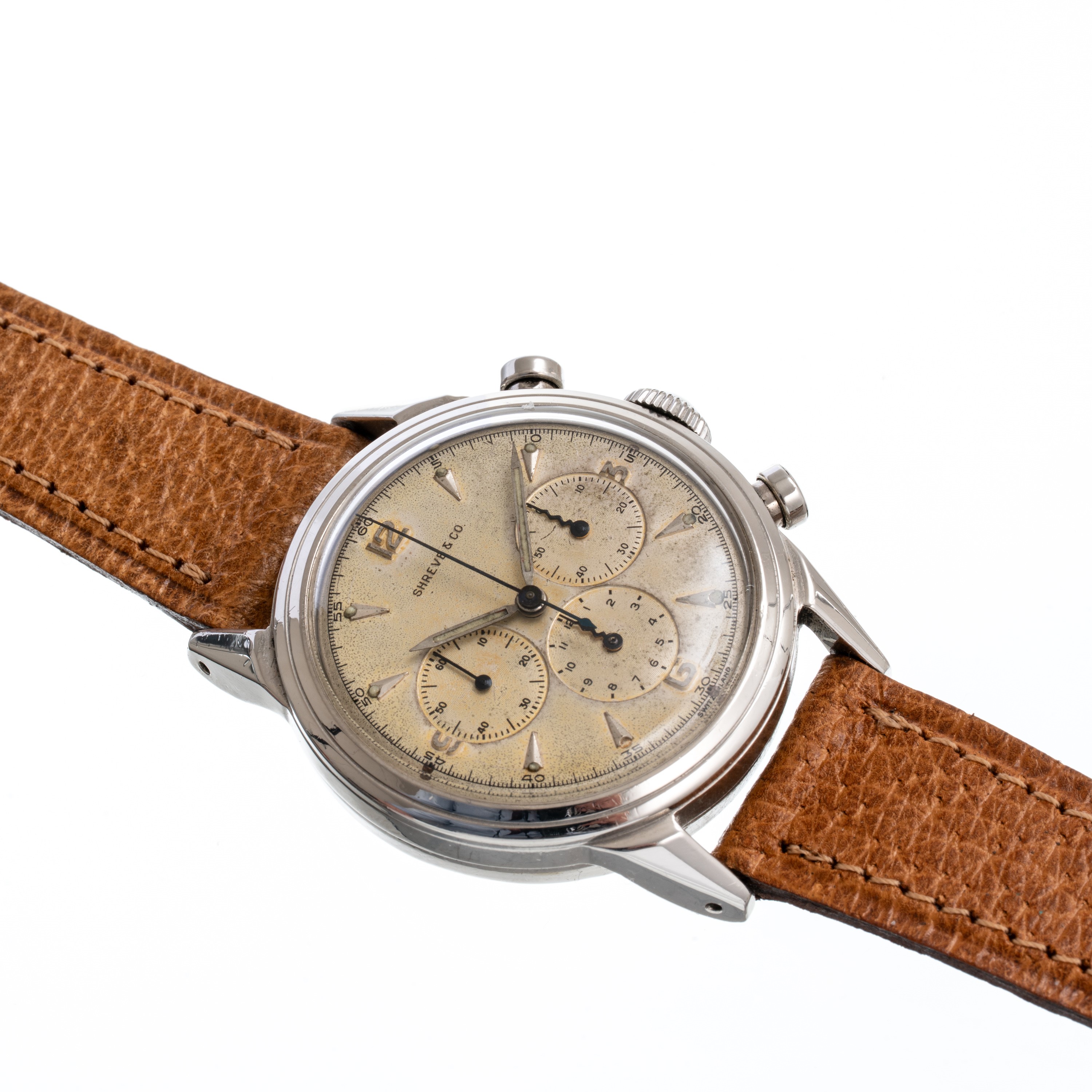 Movado - M95 cronografo a carica manuale in acciaio con quadrante bianco firmato "Shreve & Co"