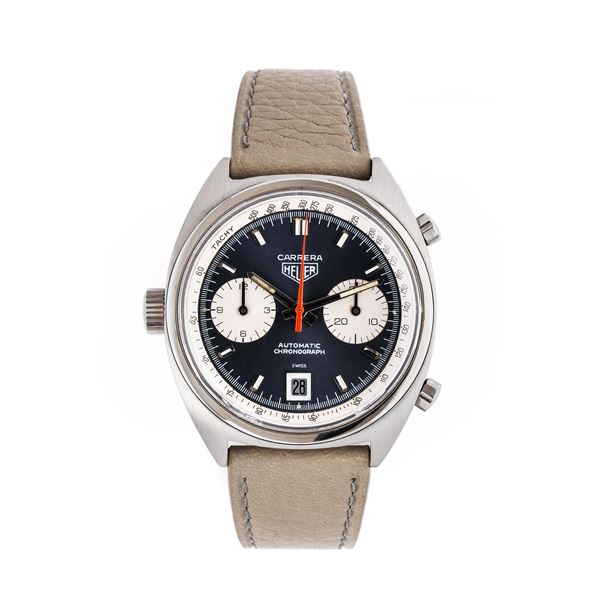 HEUER - HEUER - CARRERA CRONOGRAFO AUTOMATICO IN ACCIAIO CON CORONA AD ORE NOVE, QUADRANTE BLU E DATARIO AD ORE SEI.