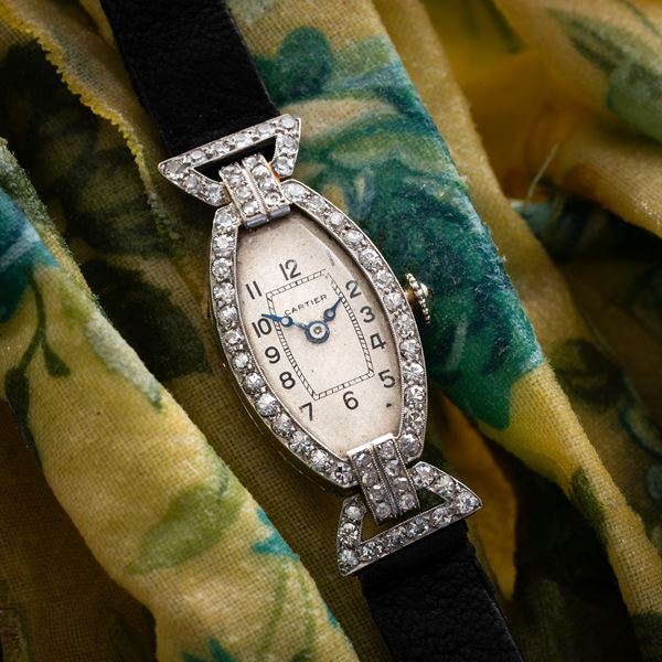 CARTIER - TONNEAU OROLOGIO SOLO TEMPO A CARICA MANUALE IN PLATINO CON QUADRANTE BIANCO E CASSA DIAMANTI  [..]