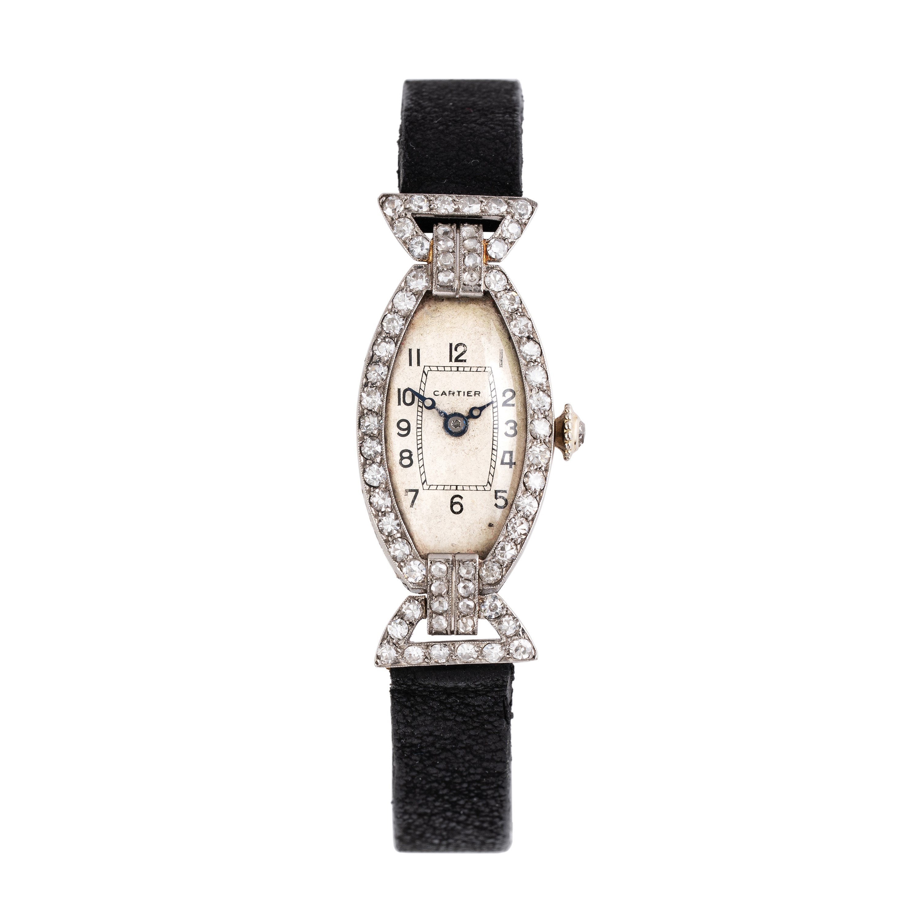Cartier - Orologio tonneau Tonneau in platino con quadrante bianco e diamanti, solo tempo a caric...