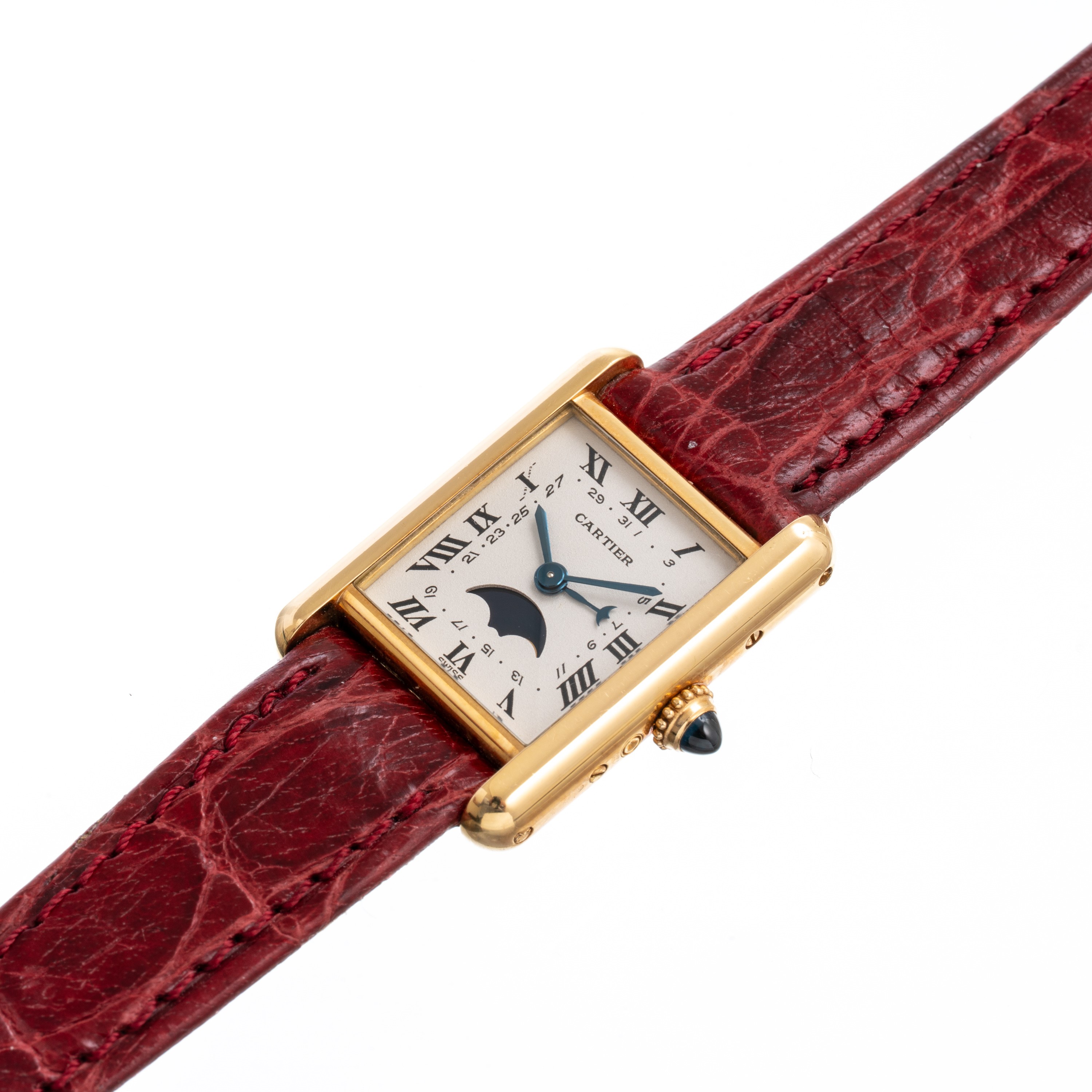 Cartier - Tank, orologio da polso al quarzo in oro giallo 18 kt con datario e fasi lunari
