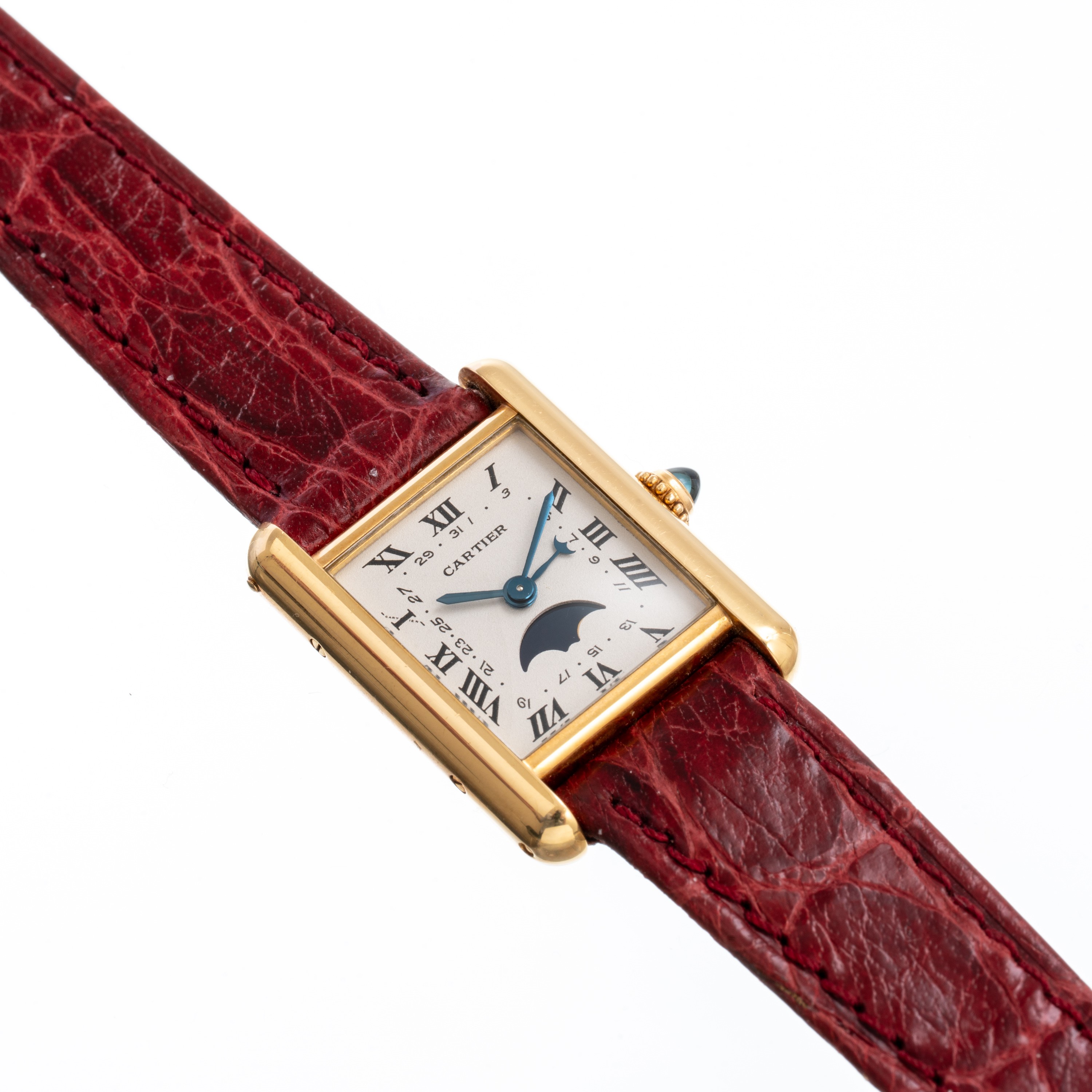 Cartier - Tank, orologio da polso al quarzo in oro giallo 18 kt con datario e fasi lunari