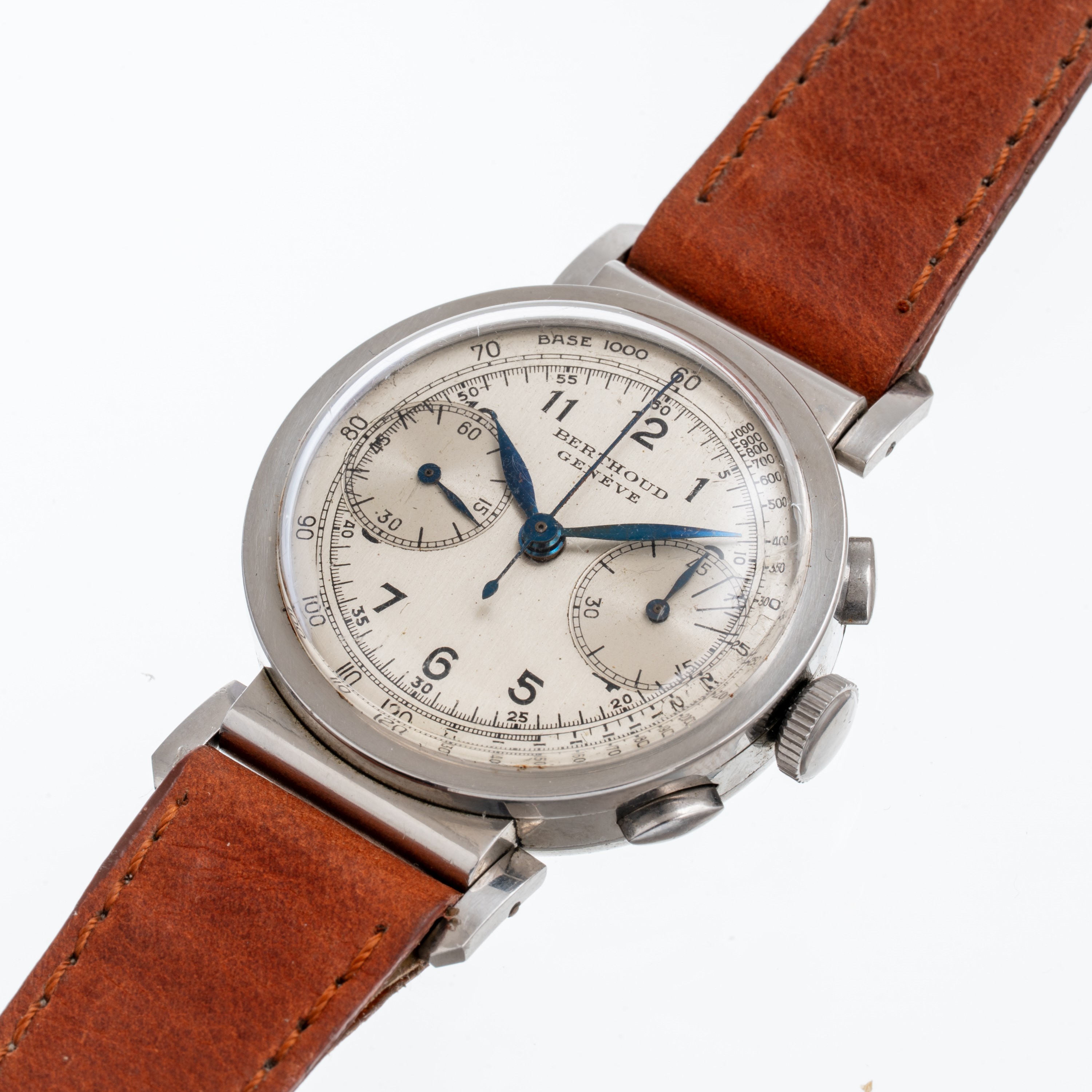 Berthoud, Cronografo 5938 a carica manuale in acciaio con anse snodabili, anni 1930-1940