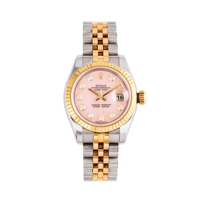 Datejust Lady 179173 in acciaio e oro giallo 18 kt con quadrante in opale rosa e indici con diama...