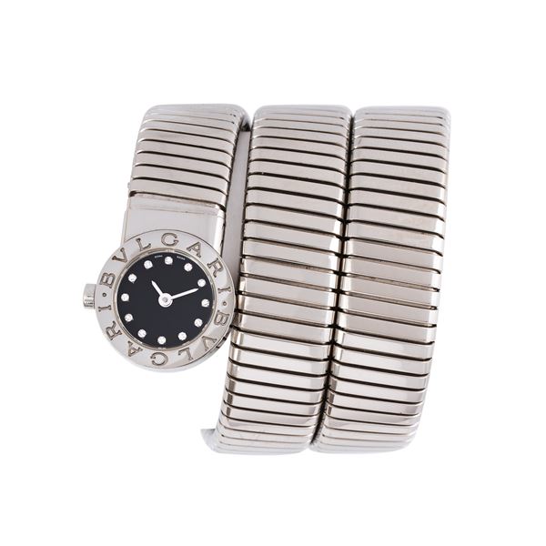 BULGARI - BULGARI - TUBOGAS SERPENTI OROLOGIO SOLO TEMPO AL QUARZO IN ACCIAIO CON QUADRANTE NERO INDICI DIAMANTE TAGLIO BRILLANTE