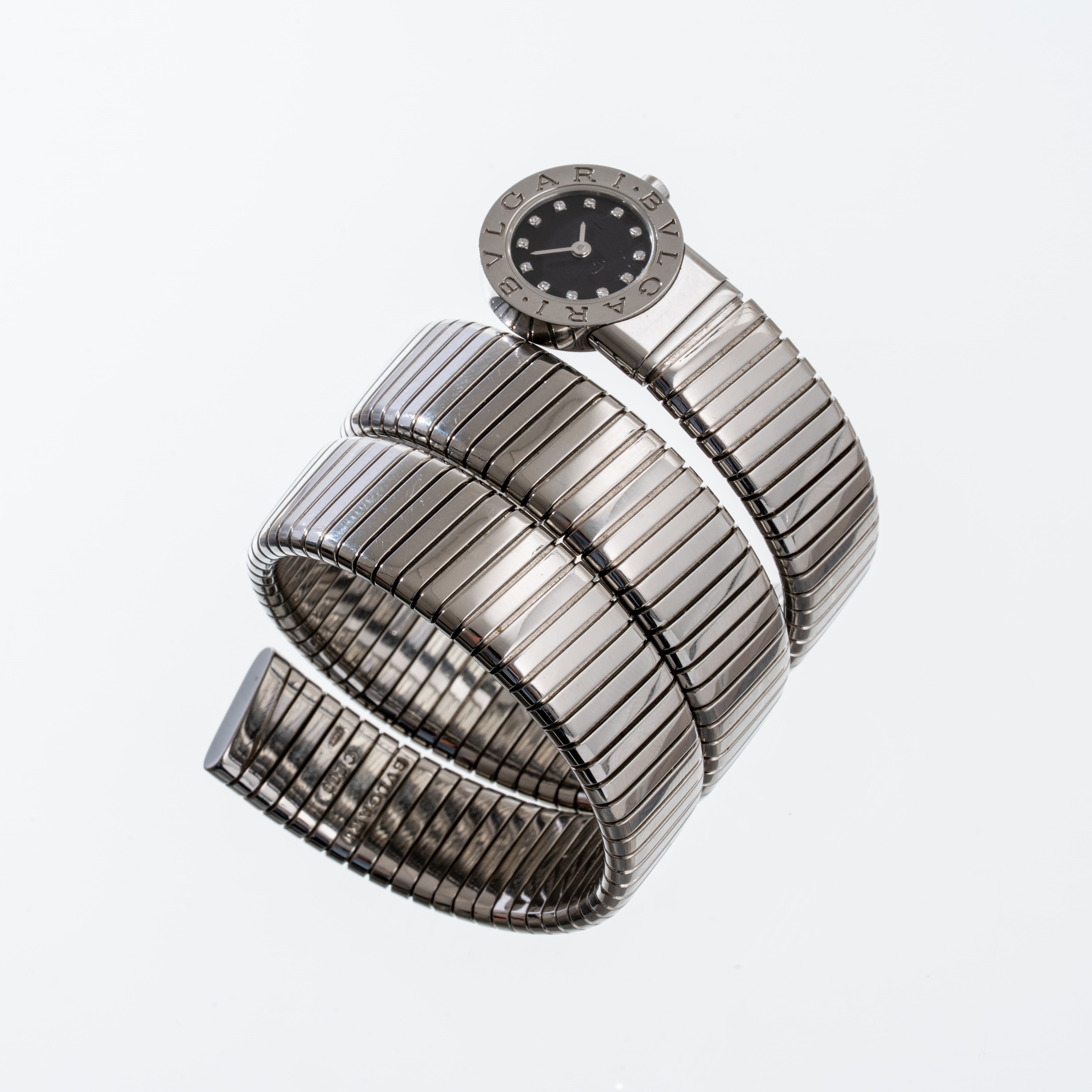 Bulgari - Tubogas Serpenti BB1912TS, orologio solo tempo al quarzo in acciaio con quadrante nero