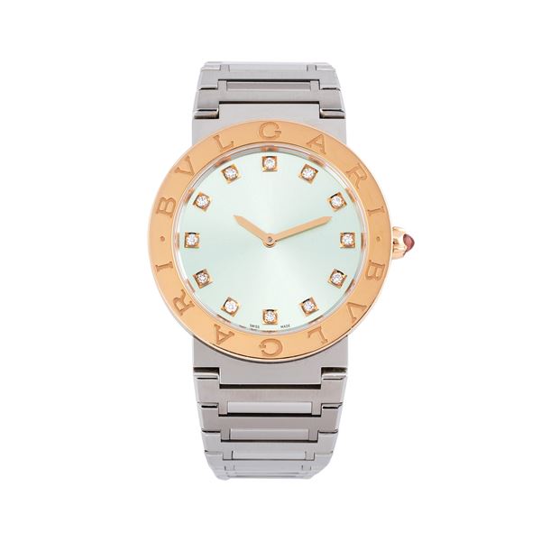 BULGARI - BULGARI - BVLGARI BVLGARI OROLOGIO SOLO TEMPO AL QUARZO IN ACCIAIO CON QUADRANTE AZZURRO CON INDICI DIAMANTE TAGLIO BRILLANTE E GHIERA IN ORO ROSA 18KT