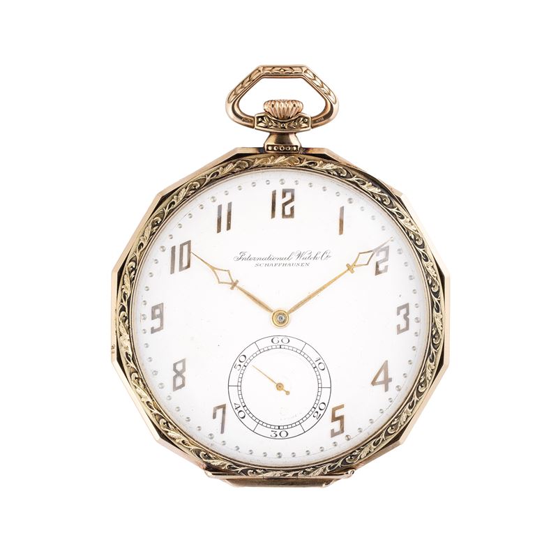 Iwc - Orologio da tasca in oro giallo 14kt con quadrante bianco e carica manuale (anni 1920-1930)
