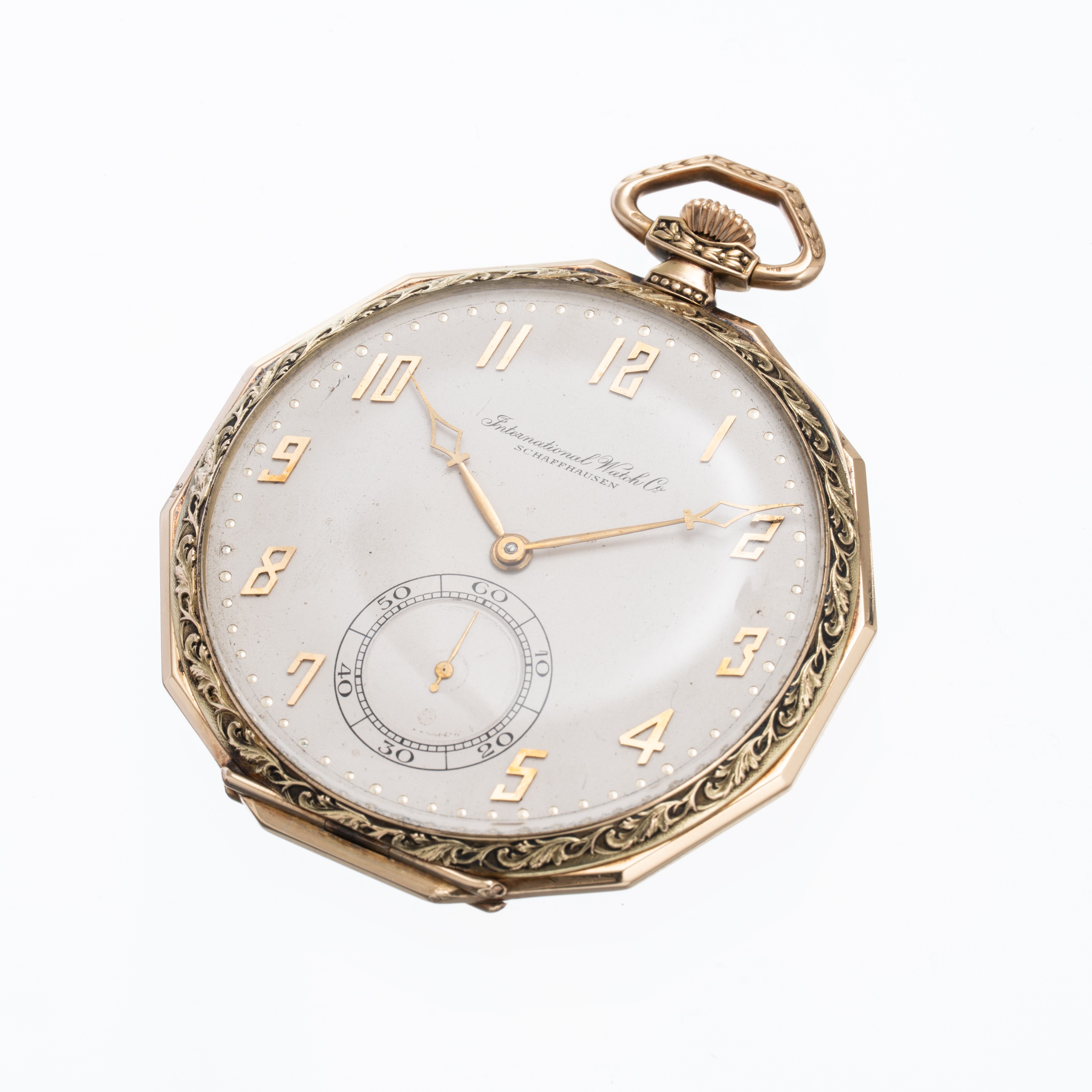Iwc - Orologio da tasca in oro giallo 14kt con quadrante bianco e carica manuale (anni 1920-1930)