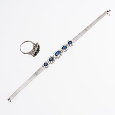 Parure in oro bianco 18 kt con anello e bracciale, zaffiri e diamanti