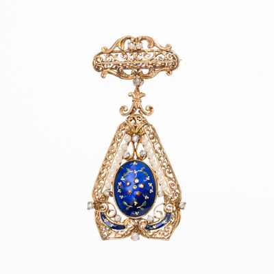 Spilla in oro giallo 18 kt con smalti e microperle