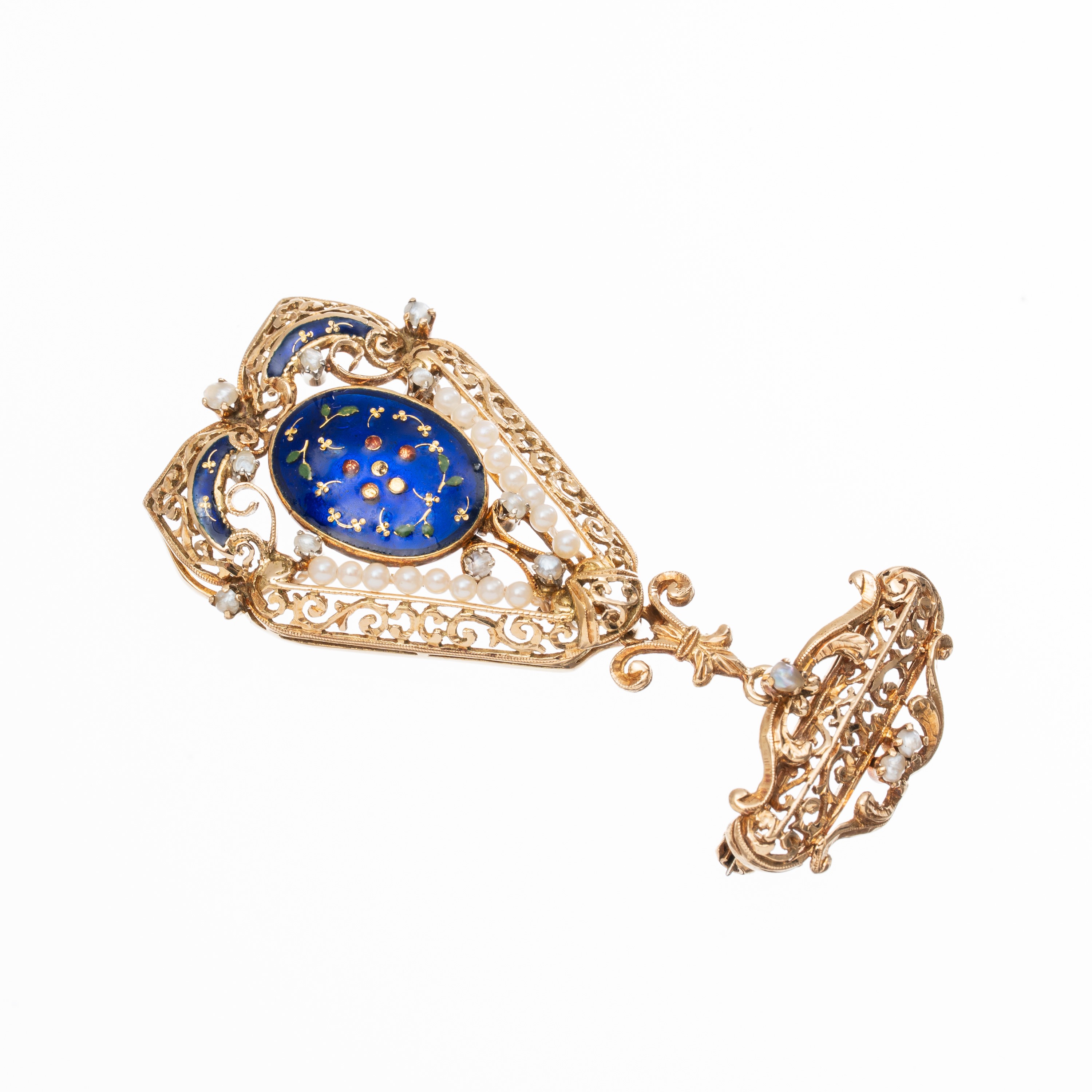 Spilla in oro giallo 18 kt con smalti e microperle