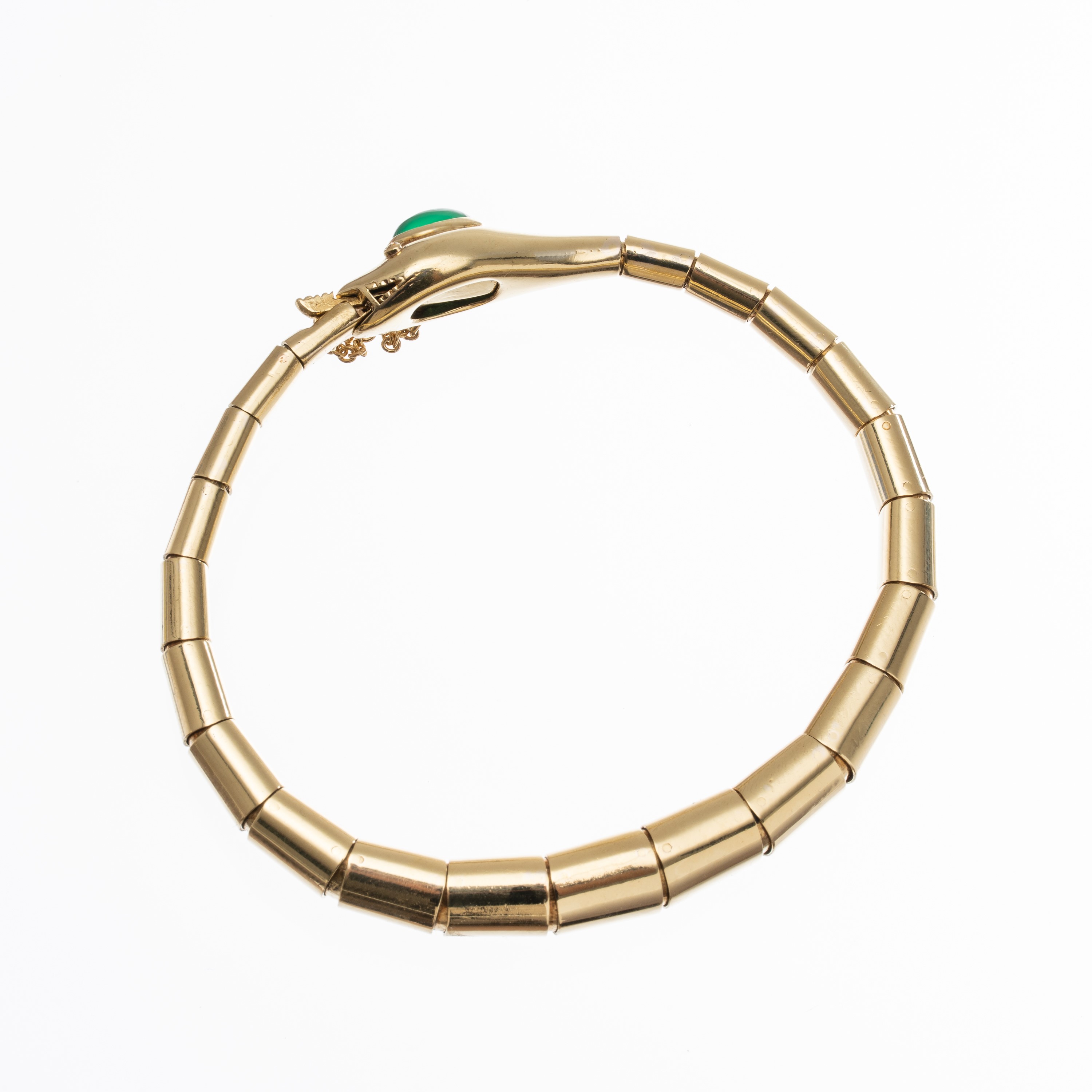 Bracciale in oro giallo 18 kt a forma di serpente con agata verde