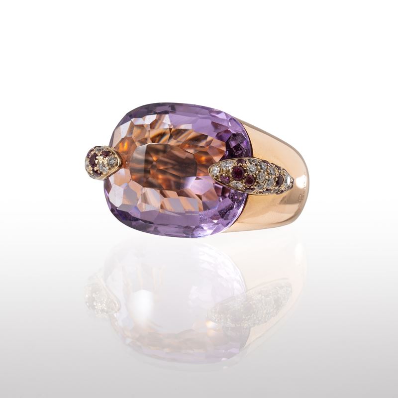 Pomellato - Anello in oro rosa 18 kt modello Pin Up con ametista sfaccettata, diamanti e rubini