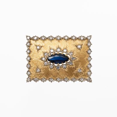 Spilla in oro giallo 18 kt con diamanti e zaffiro
