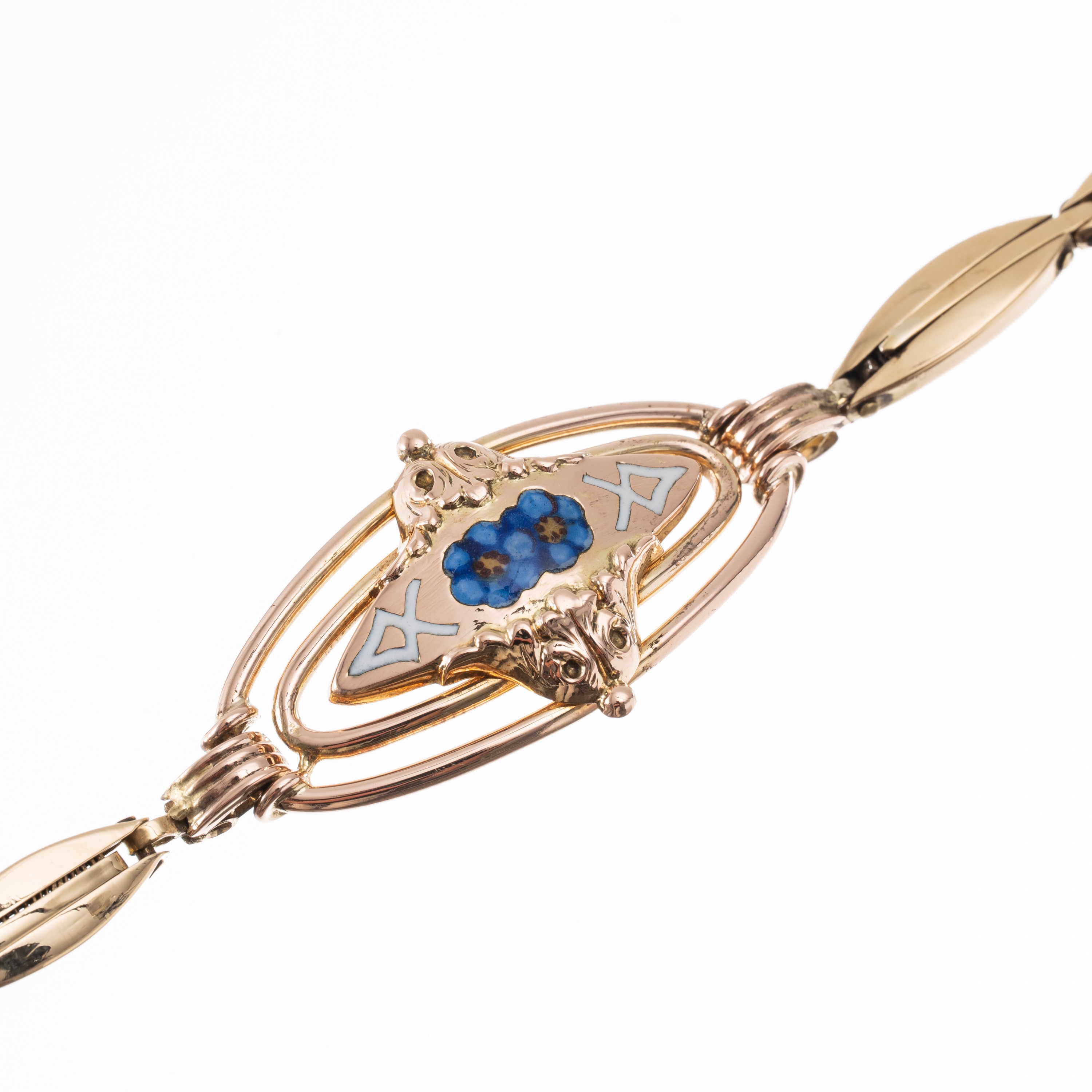 Bracciale in oro rosa 18 kt con smalti, lastra stampata a losanga ed elemento floreale