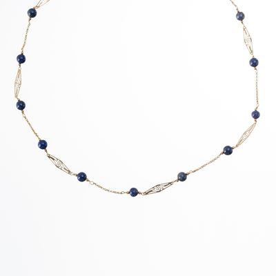 Collana in oro giallo 18 kt con lapislazzuli, motivi a losanga
