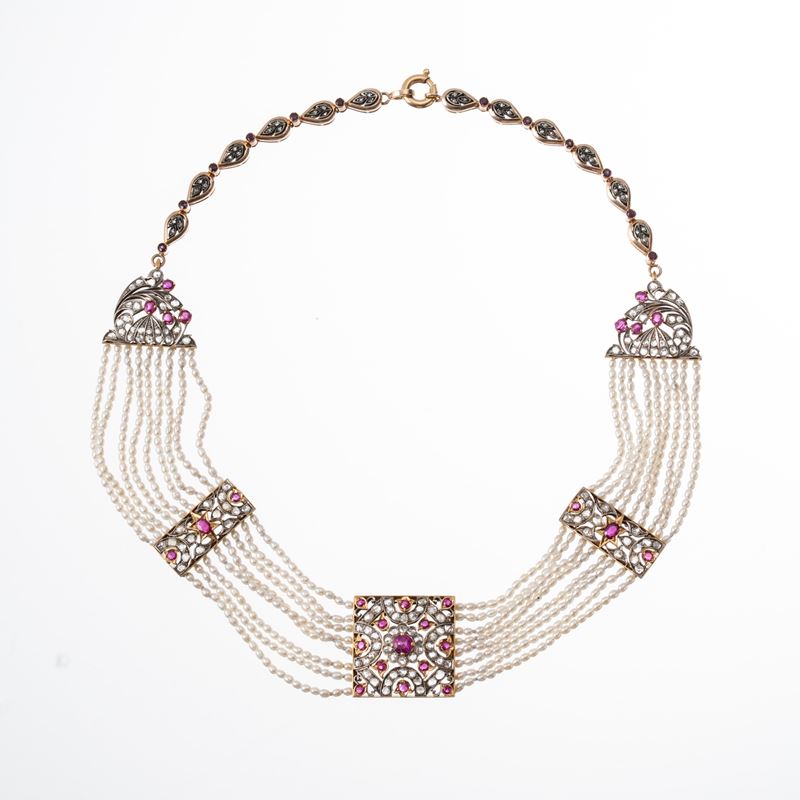 Black, Starr & Frost - Collana vittoriana in oro giallo 18 kt, argento, diamanti, rubini e perle ...