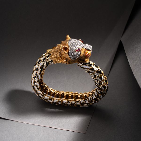FRASCAROLO - FRASCAROLO - BRACCIALE AD ELEMENTI SNODATI IN ORO GIALLO 18 KT CON DIAMANTI TAGLIO BRILLANTE, RUBINI E SMALTI BIANCHI E NERI