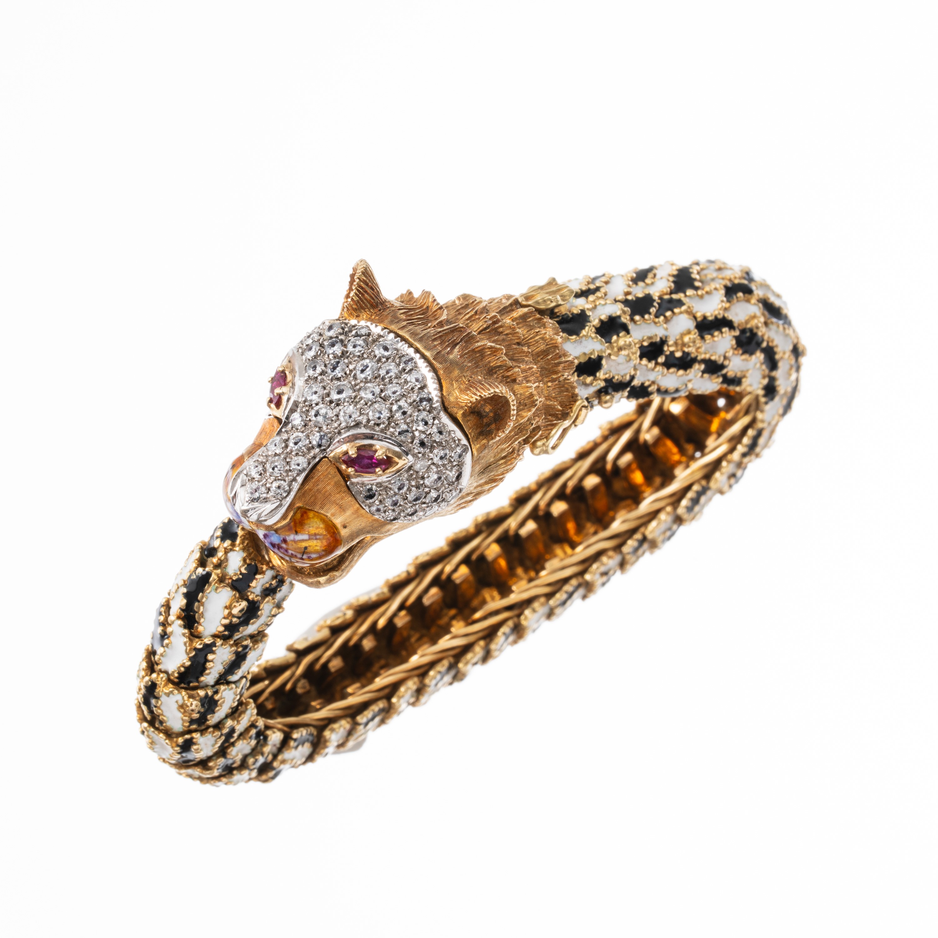 Frascarolo - Bracciale ad elementi snodati in oro giallo 18 kt con diamanti, rubini e smalti bian...