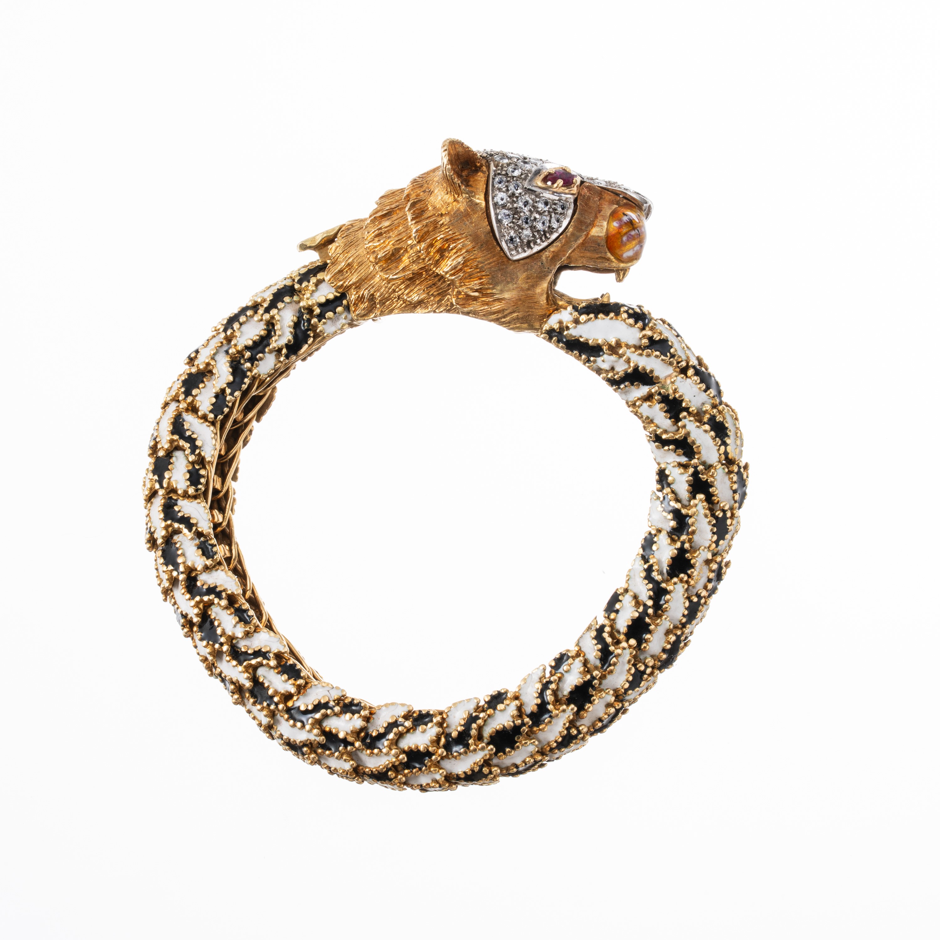 Frascarolo - Bracciale ad elementi snodati in oro giallo 18 kt con diamanti, rubini e smalti bian...