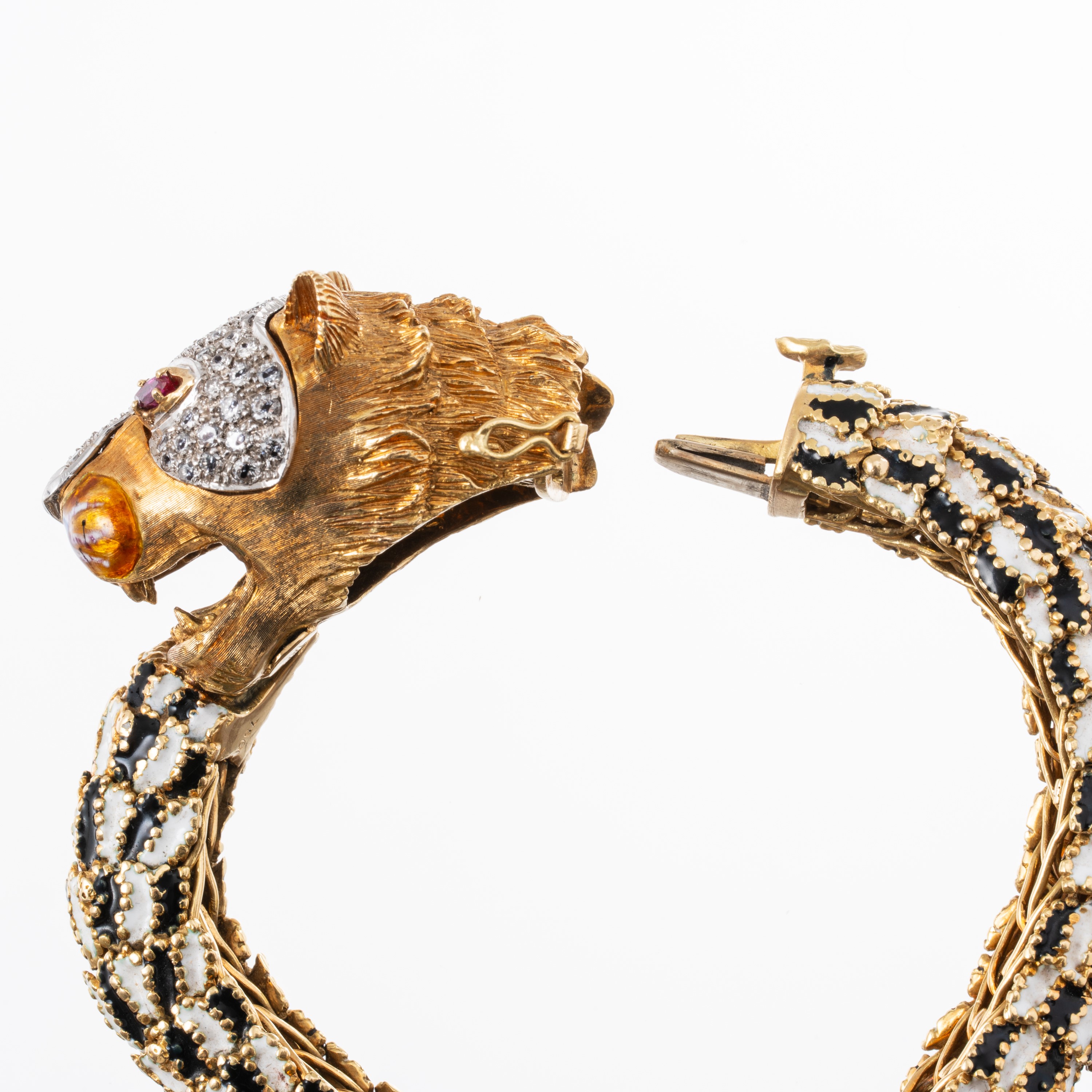 Frascarolo - Bracciale ad elementi snodati in oro giallo 18 kt con diamanti, rubini e smalti bian...