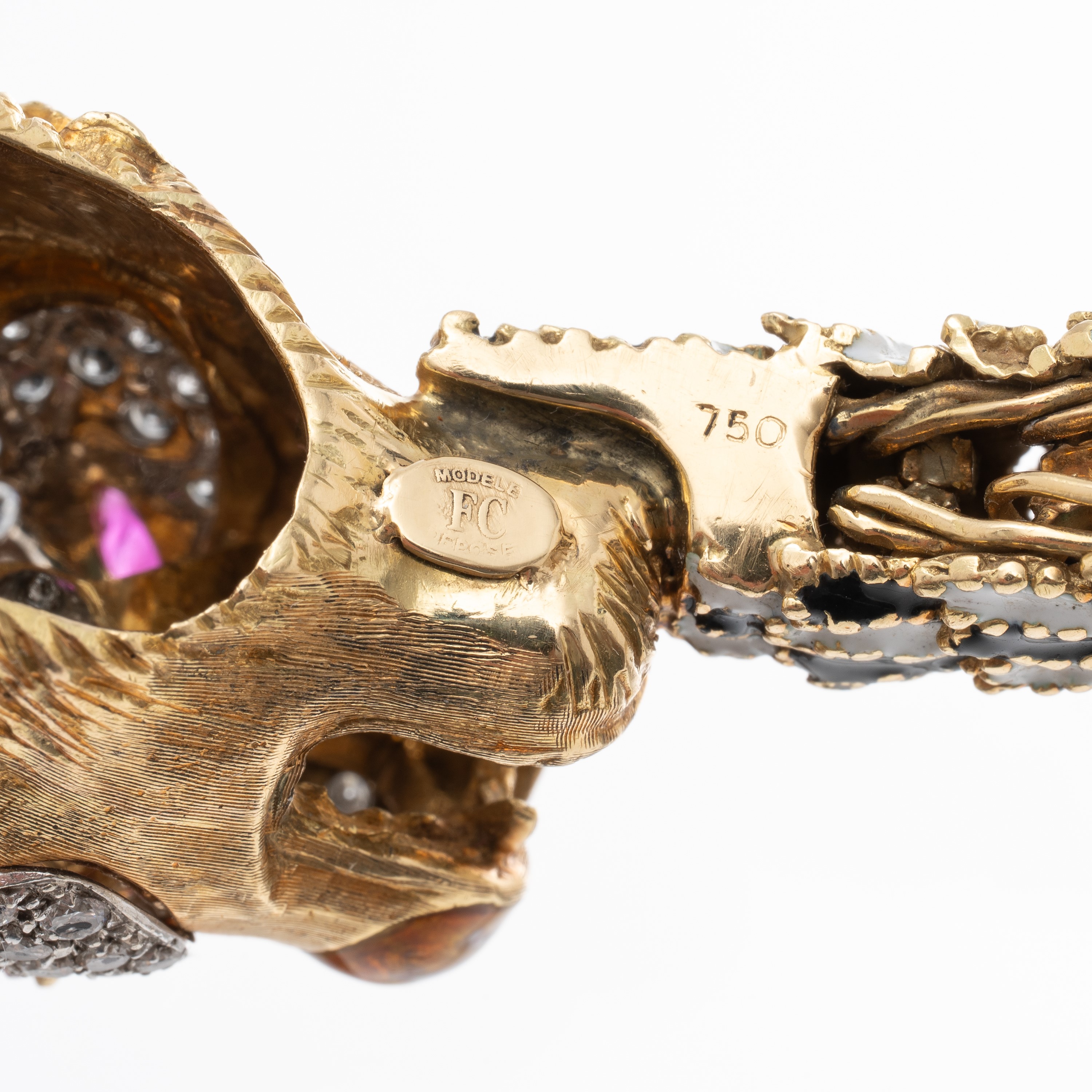 Frascarolo - Bracciale ad elementi snodati in oro giallo 18 kt con diamanti, rubini e smalti bian...