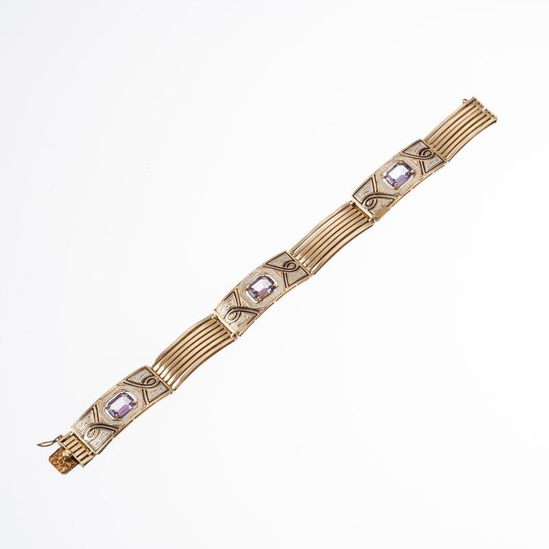 Bracciale in oro rosa 14 carati con ametiste e smalti