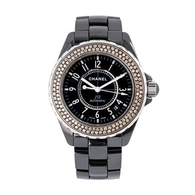 J12 orologio automatico in ceramica con ghiera in brillanti e datario ad ore quattro