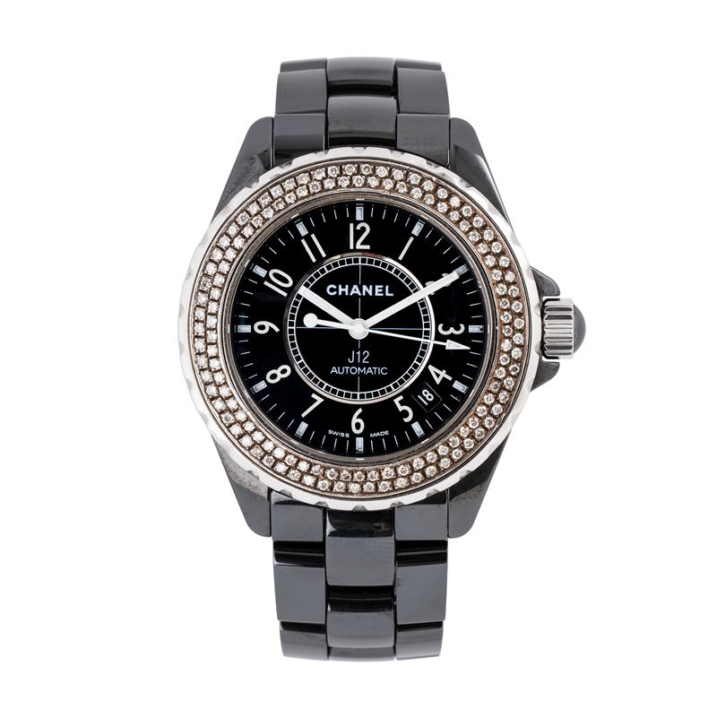 Chanel - J12 orologio automatico in ceramica con ghiera in brillanti e datario ad ore quattro