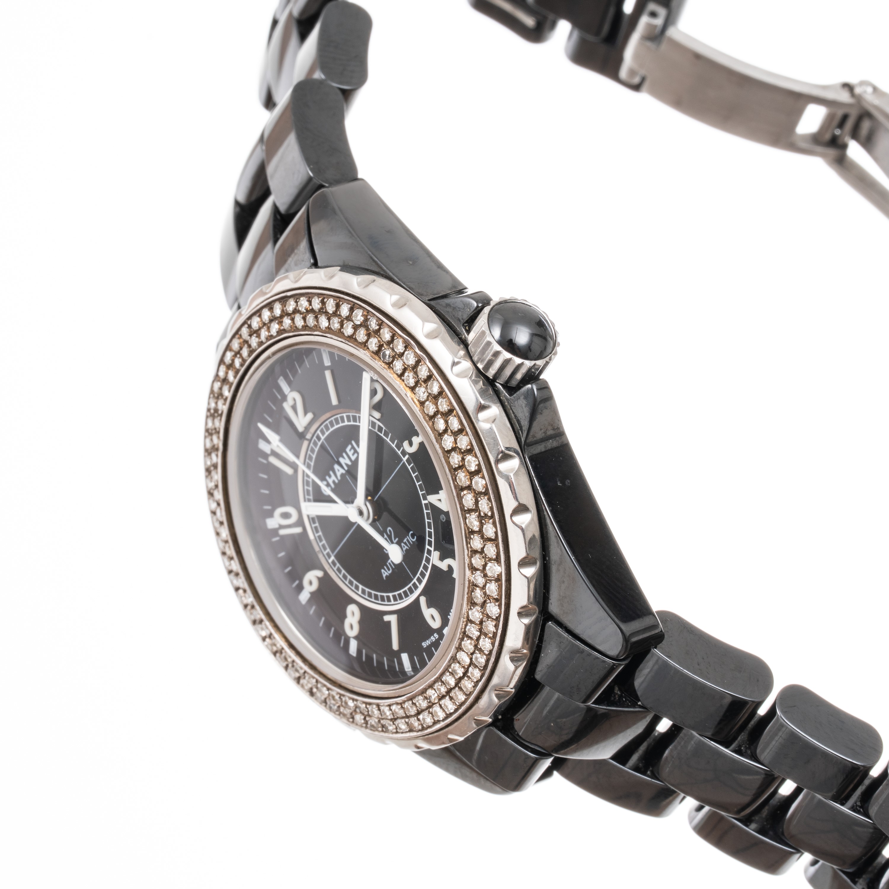 Chanel - J12 orologio automatico in ceramica con ghiera in brillanti e datario ad ore quattro