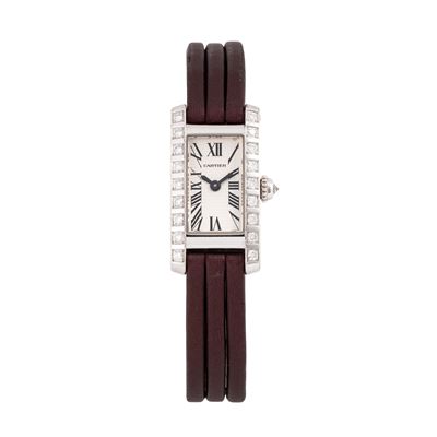 Mini Tank Americaine 2544, orologio solo tempo al quarzo in oro bianco 18 kt con ghiera in diaman...