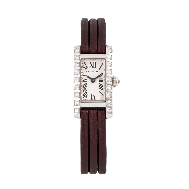 Cartier - Mini Tank Americaine 2544, orologio solo tempo al quarzo in oro bianco 18 kt con ghiera...