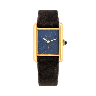 Must de Tank, orologio solo tempo a carica manuale con cassa placcata oro e quadrante blu