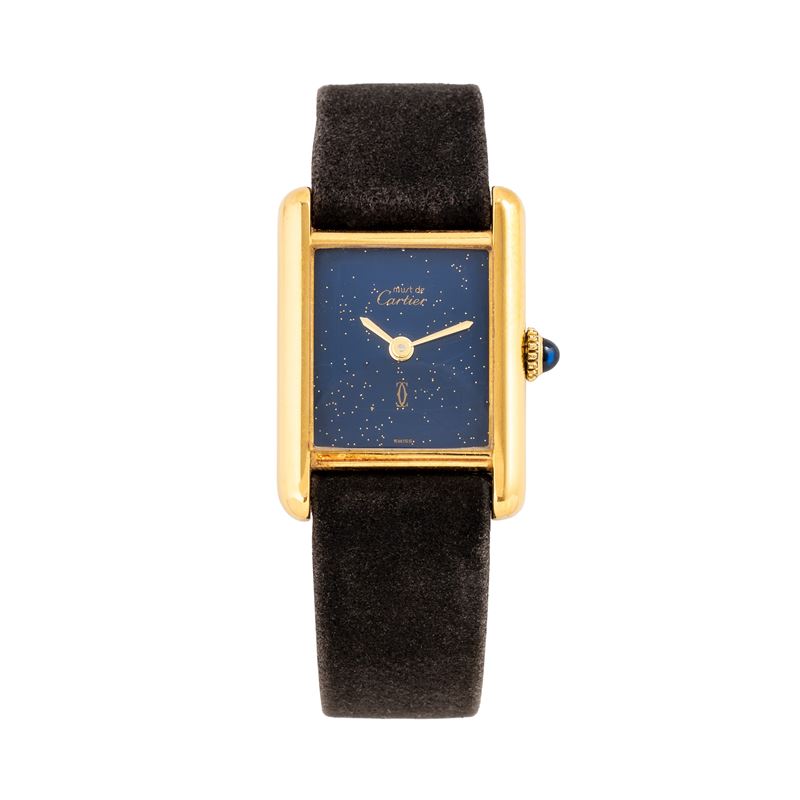 Cartier - Must de Tank, orologio solo tempo a carica manuale con cassa placcata oro e quadrante b...