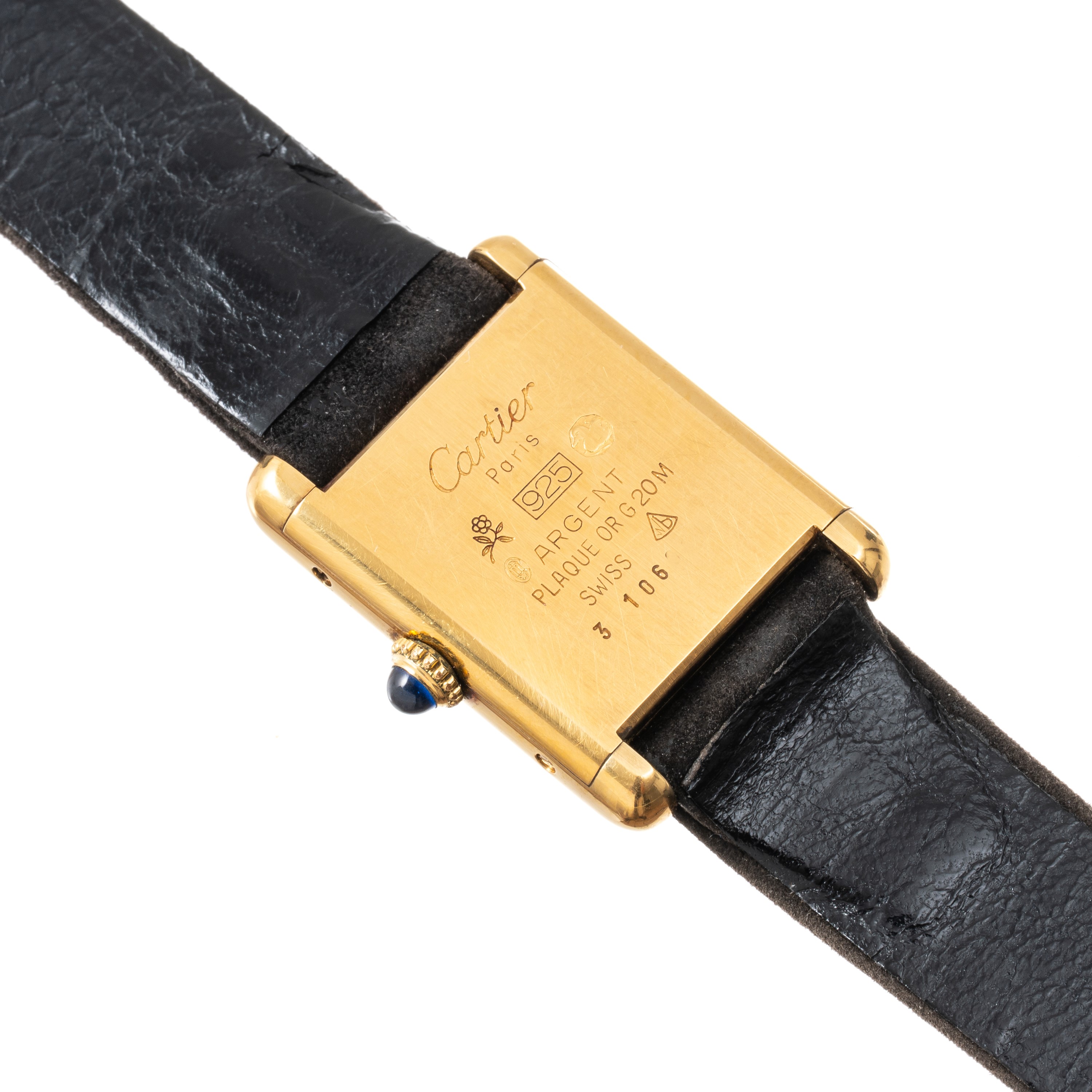 Cartier - Must de Tank, orologio solo tempo a carica manuale con cassa placcata oro e quadrante b...