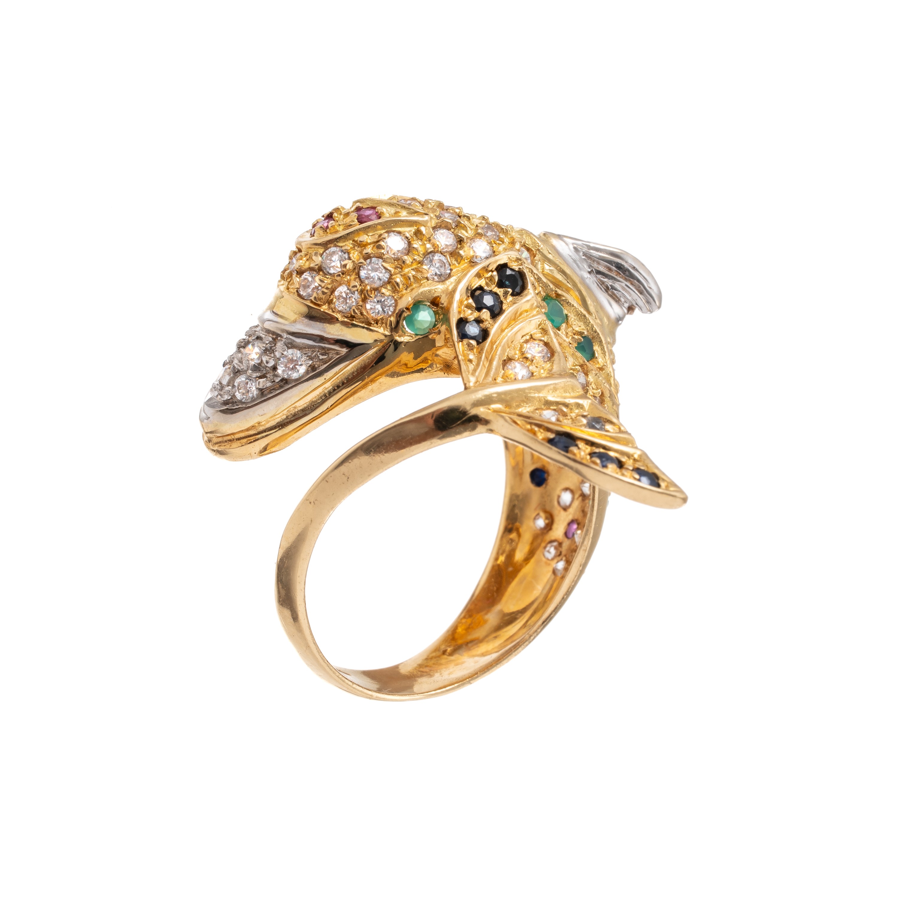 Anello a forma di delfino, oro giallo 18 kt con pavé di diamanti, zaffiri, smeraldi e rubini