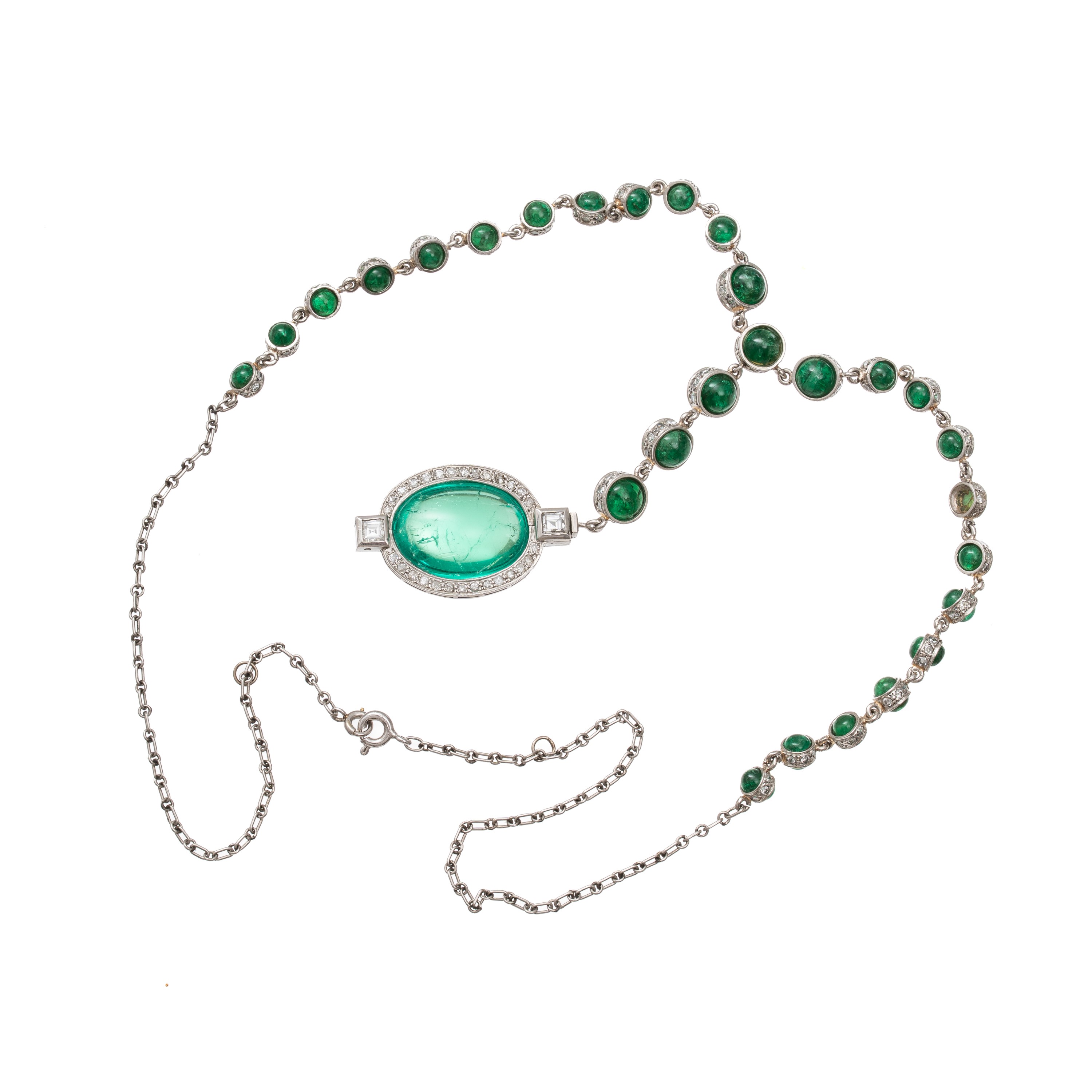 Collana, Smeraldi chabochon e diamanti, oro bianco 18 kt