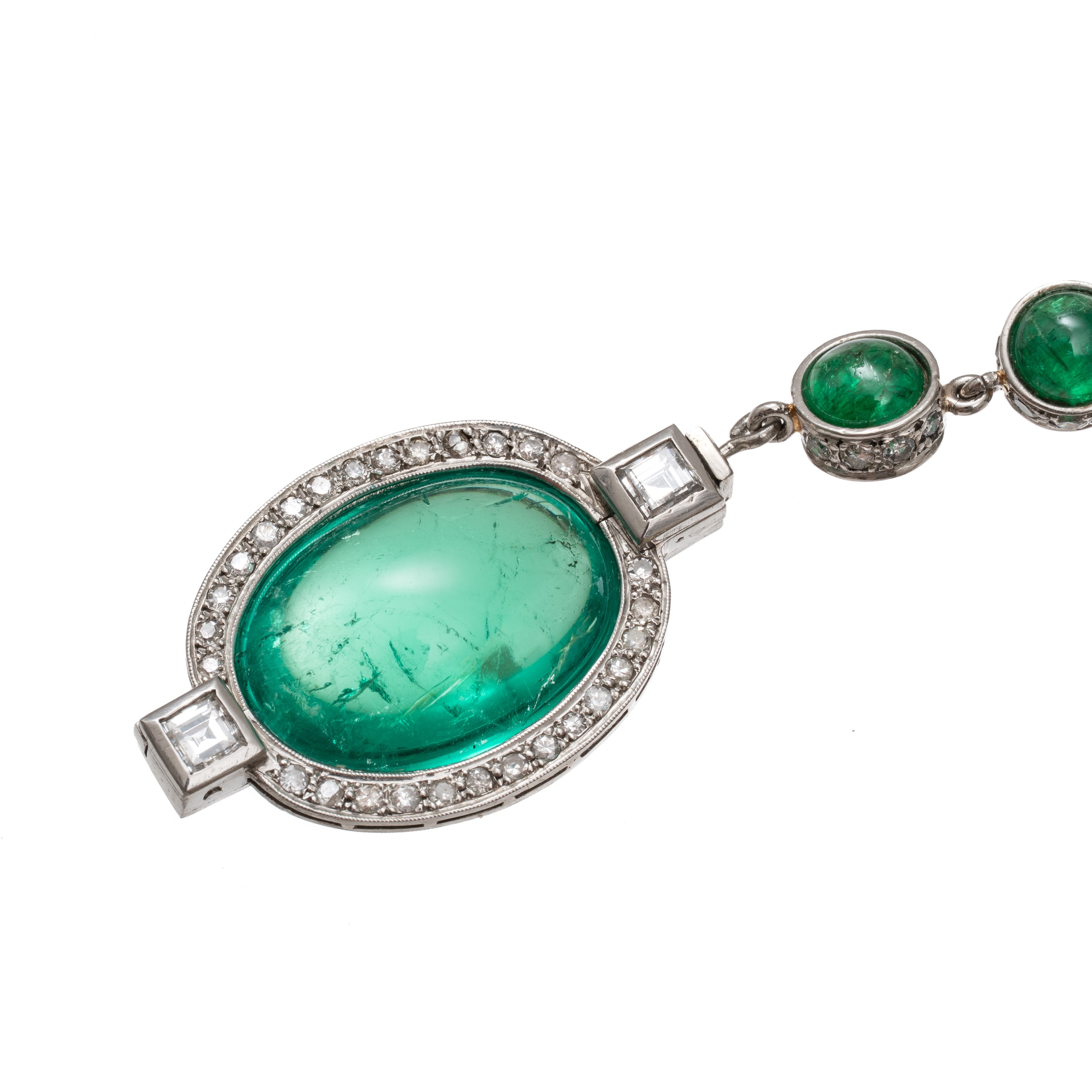 Collana, Smeraldi chabochon e diamanti, oro bianco 18 kt