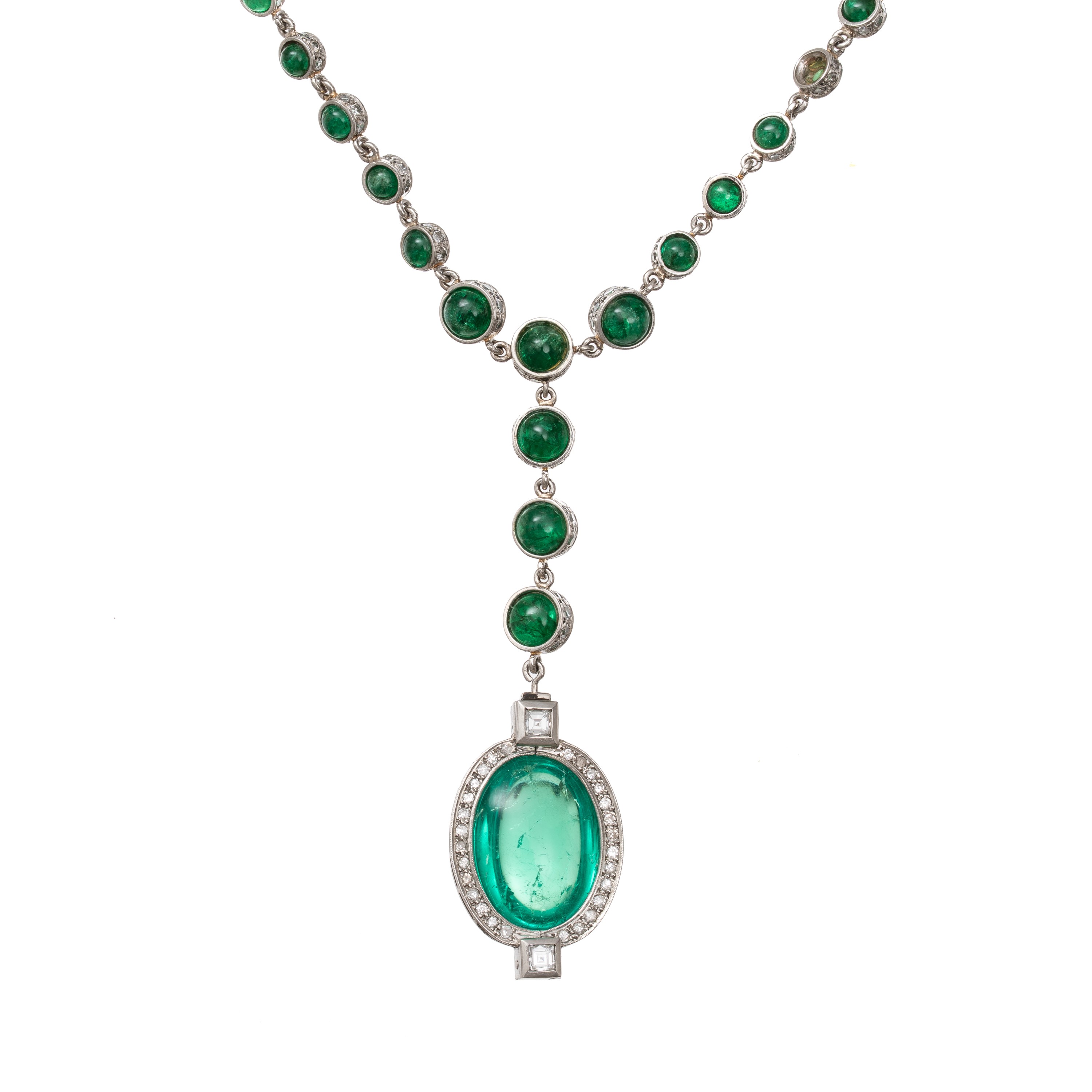 Collana, Smeraldi chabochon e diamanti, oro bianco 18 kt