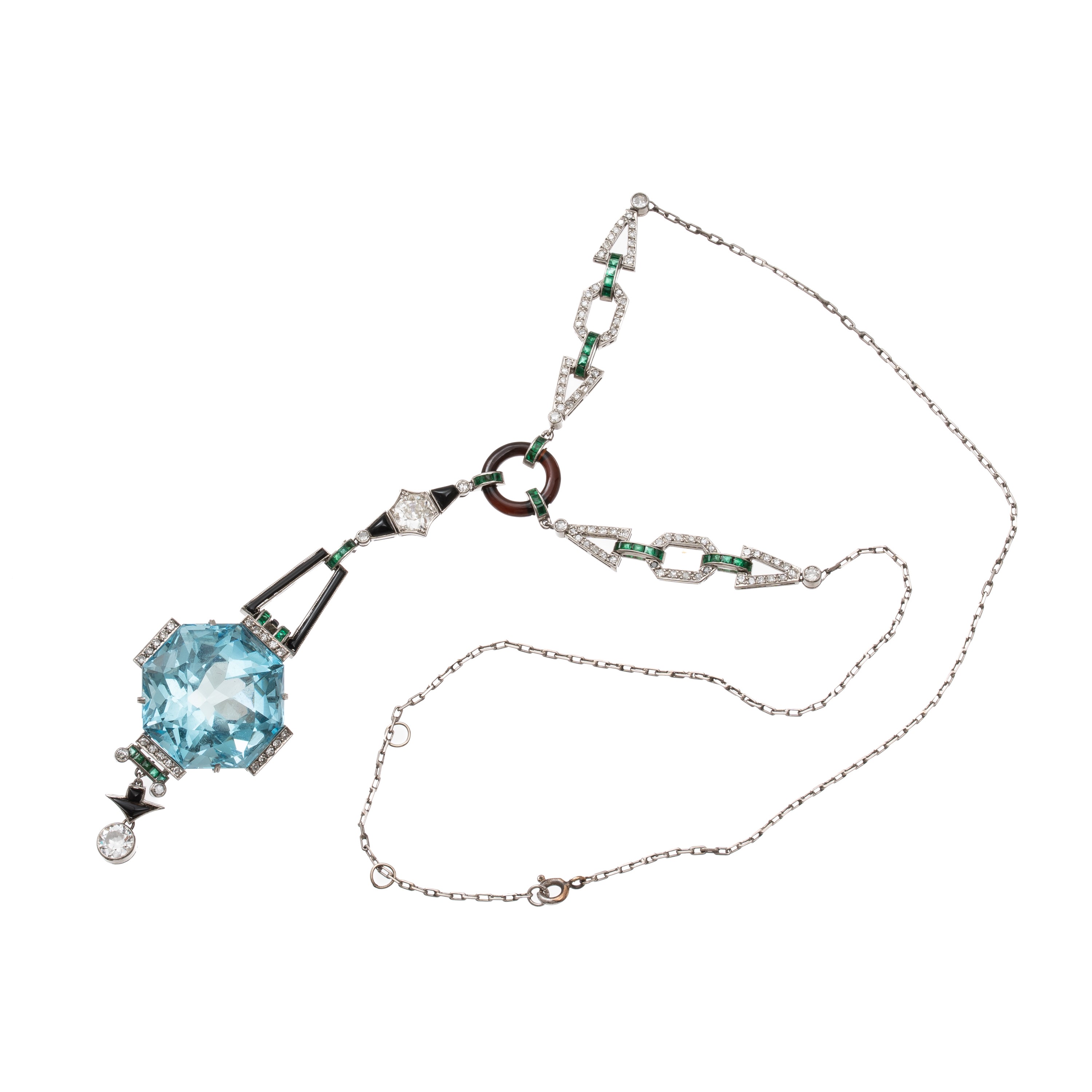 Collana in platino con diamanti, smeraldi, onice e acquamarina