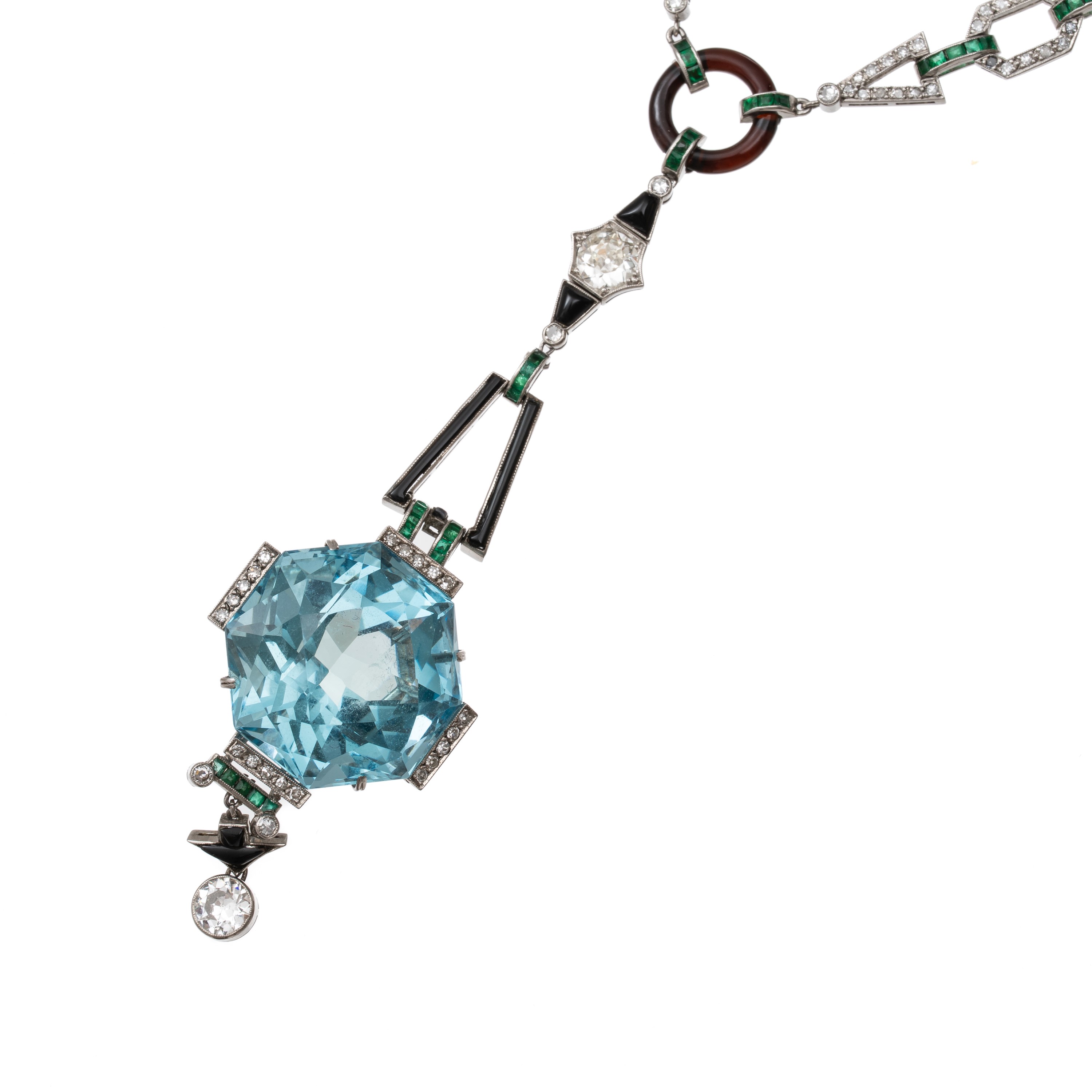 Collana in platino con diamanti, smeraldi, onice e acquamarina