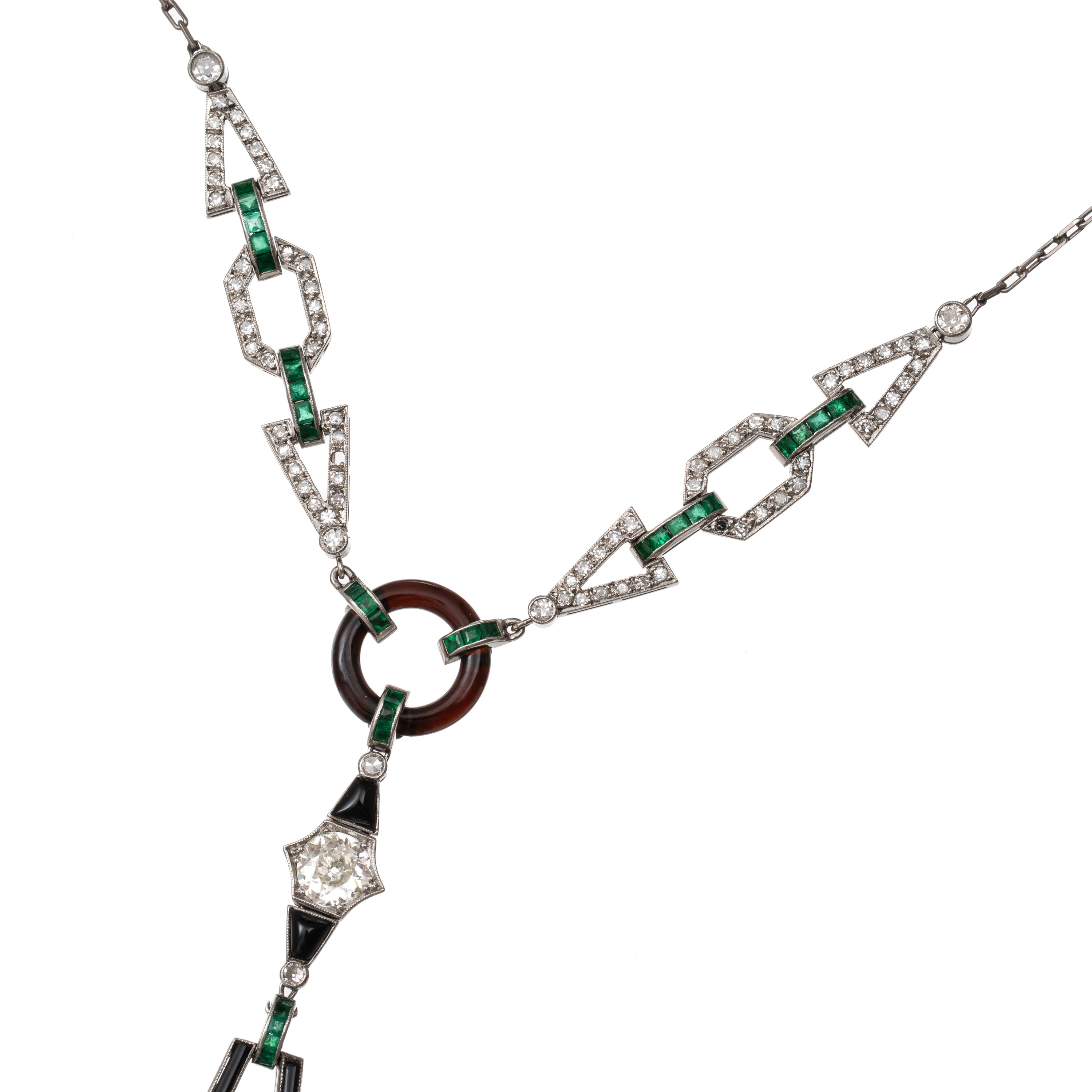 Collana in platino con diamanti, smeraldi, onice e acquamarina