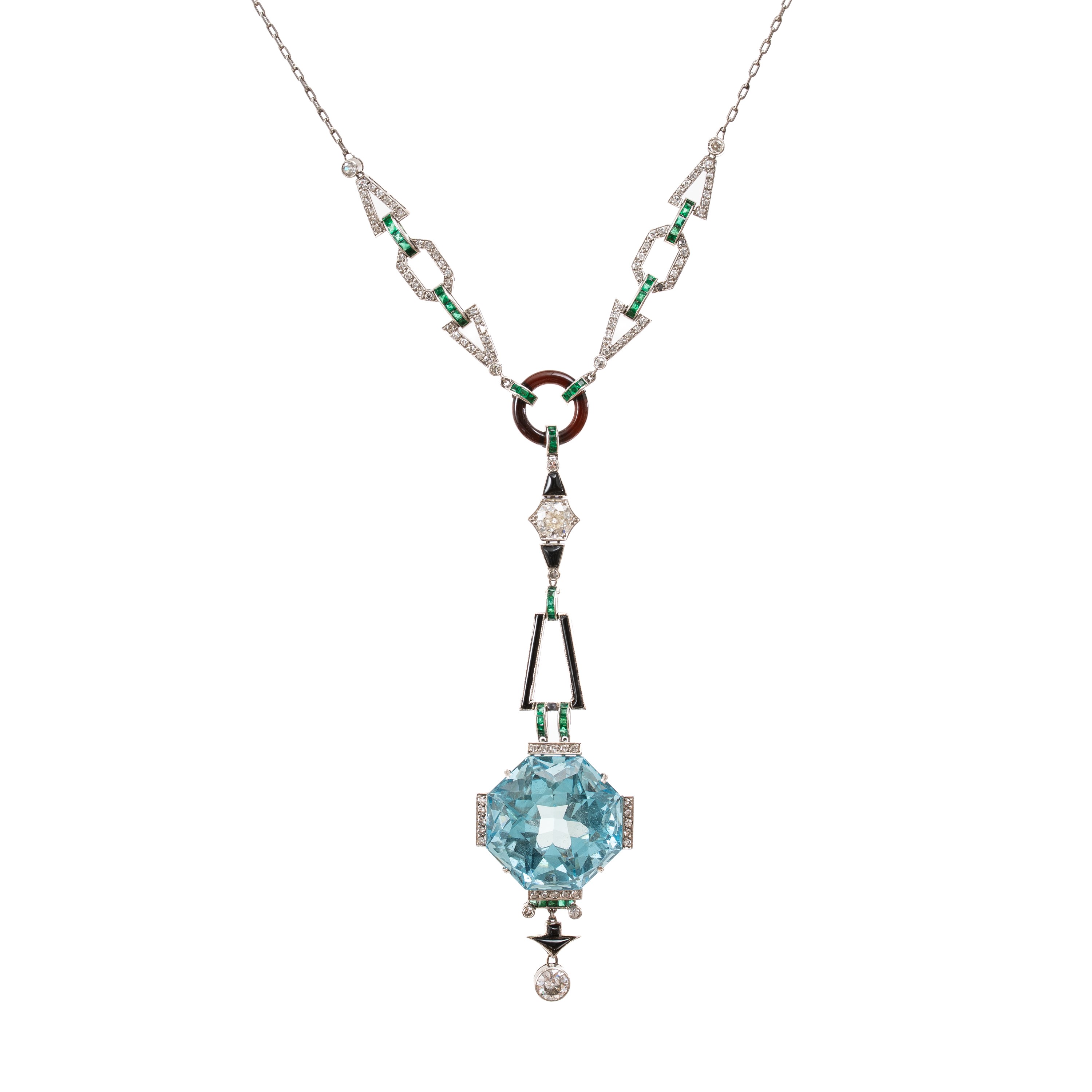 Collana in platino con diamanti, smeraldi, onice e acquamarina