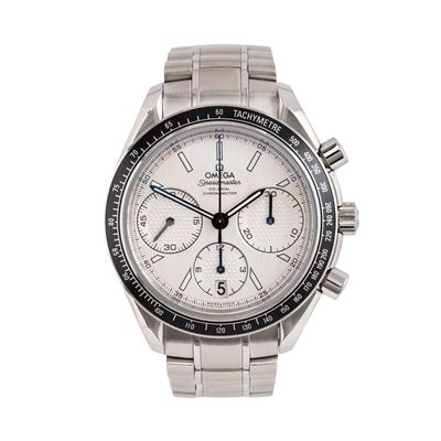 Speedmaster Racing Co-Axial, cronografo automatico in acciaio con quadrante bianco e datario a or...