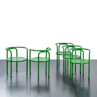 Set di cinque sedie “Locus Solus”, acciaio laccato
