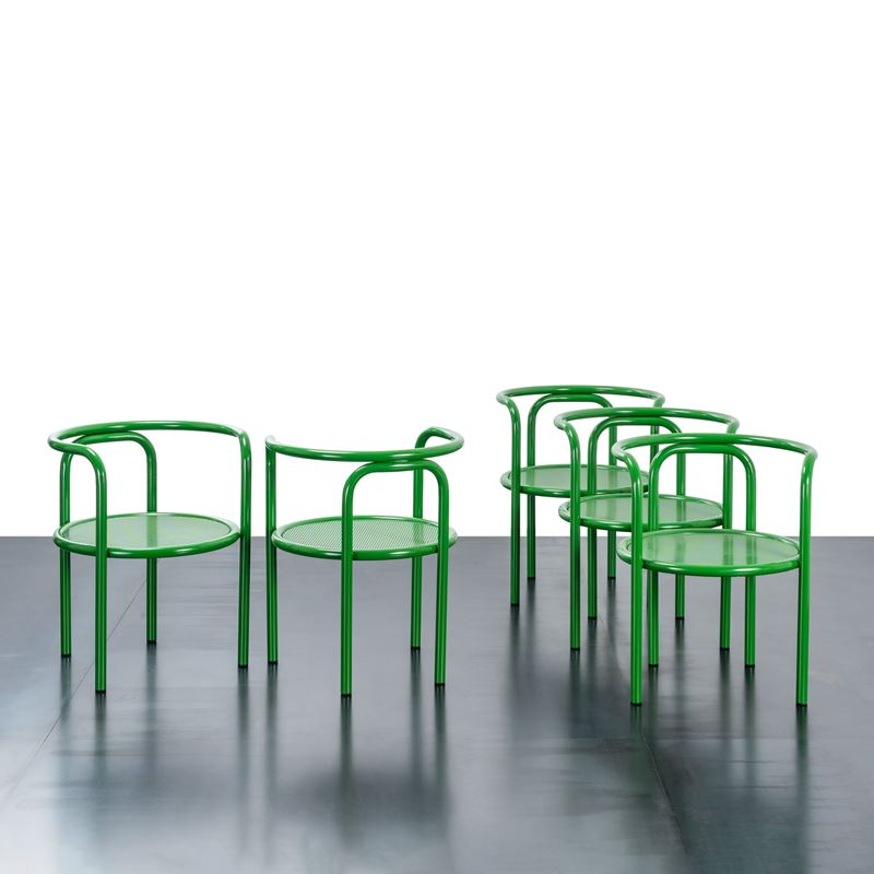 Gae Aulenti - Set di cinque sedie “Locus Solus”, acciaio laccato
