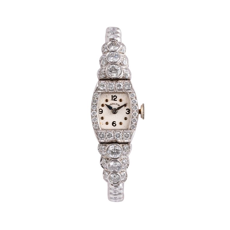 Hamilton - Orologio da polso “Art Decò” solo tempo a carica manuale placcato platino con quadrant...