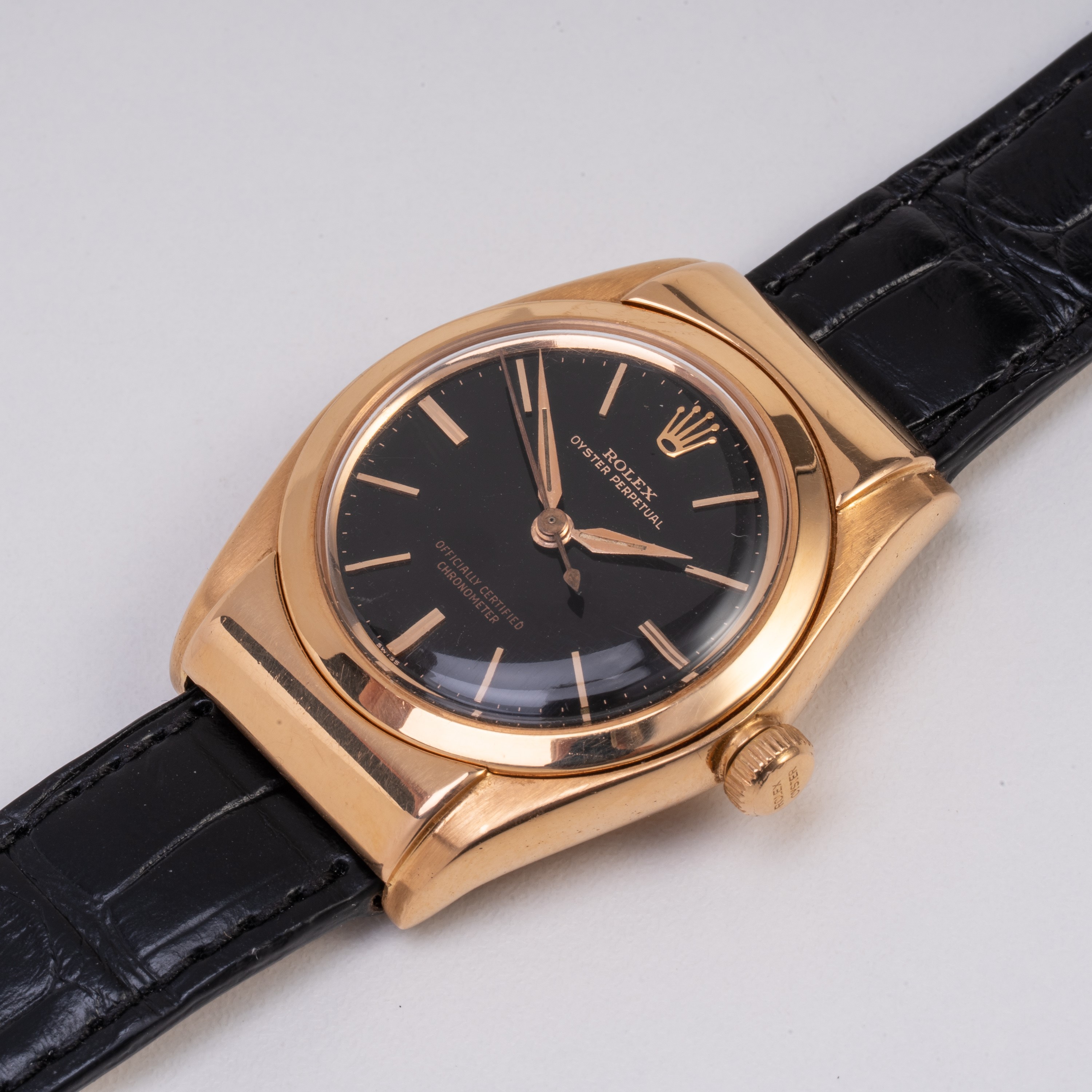 Rolex - Ovetto 3065, orologio solo tempo in oro rosa 18 kt con quadrante nero