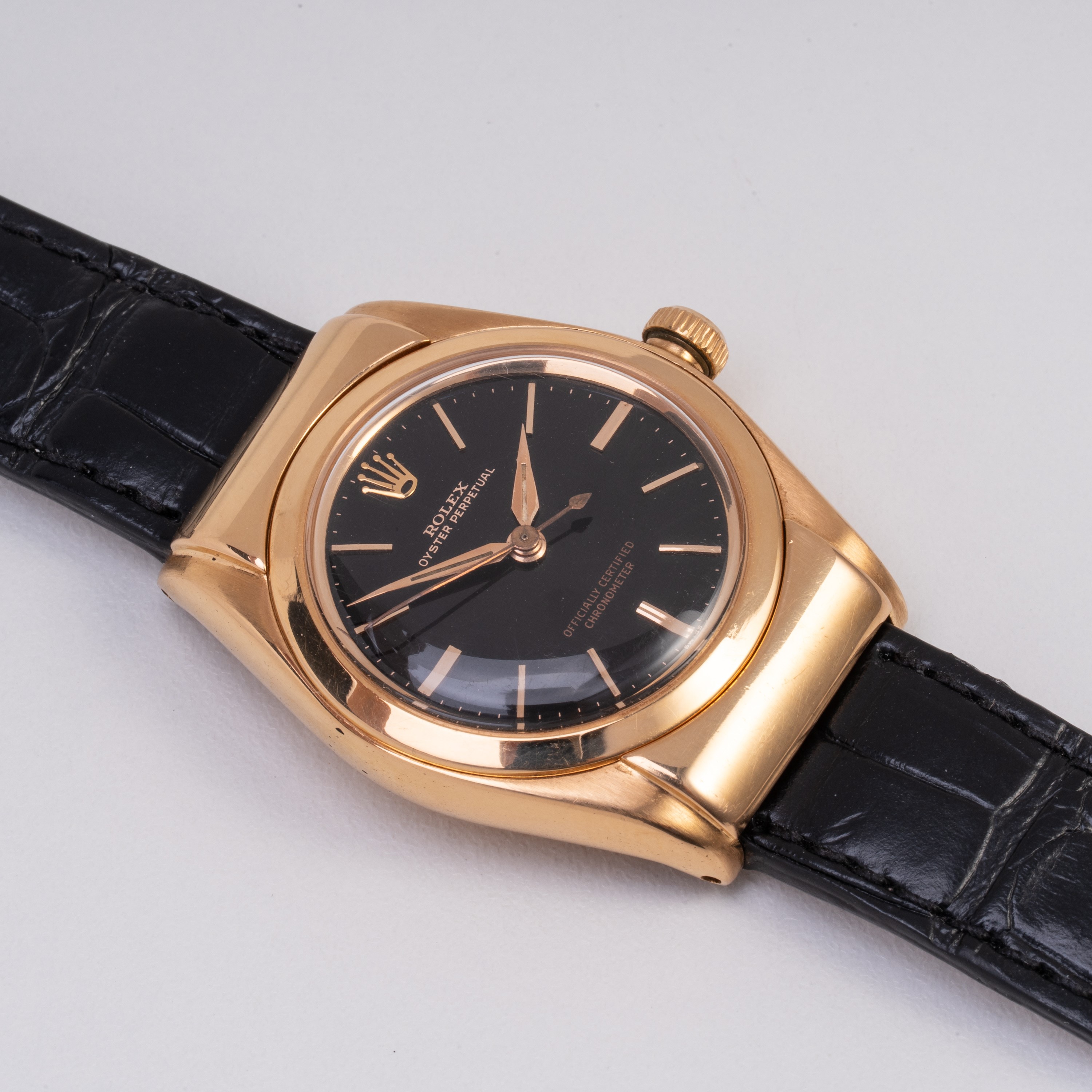 Rolex - Ovetto 3065, orologio solo tempo in oro rosa 18 kt con quadrante nero